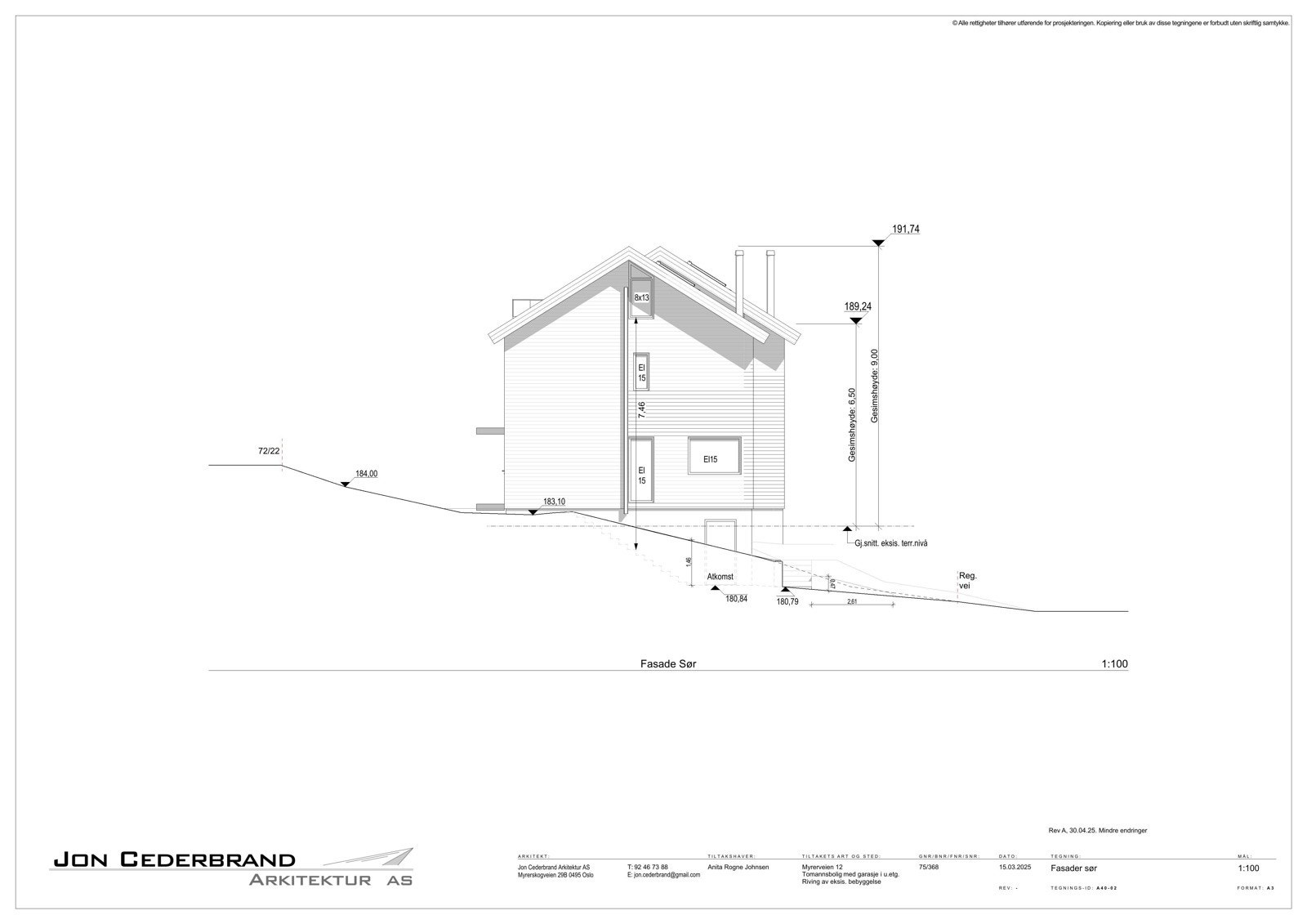 Tegninger rammetillatelse - fasade sør Galleribilde
