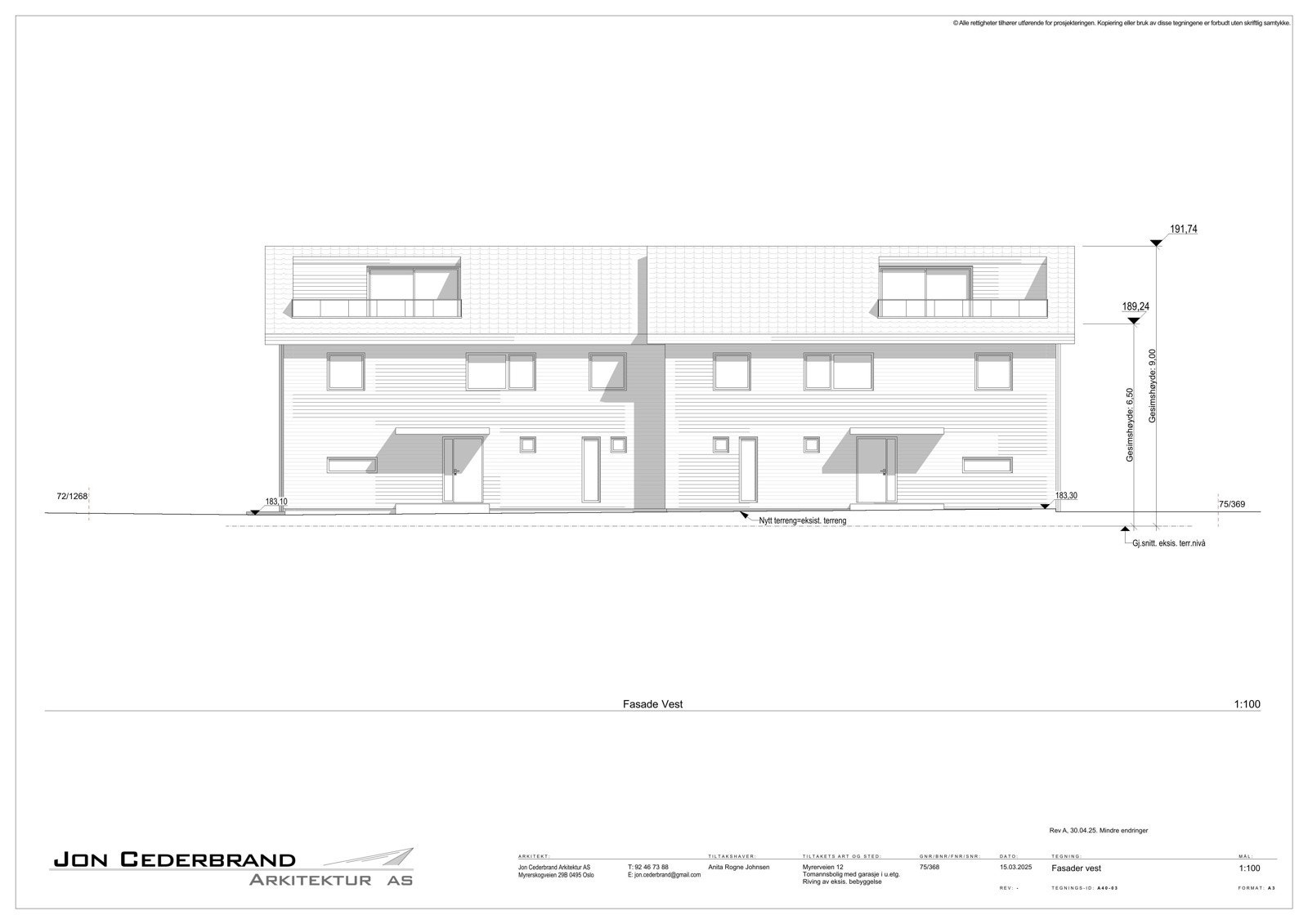 Tegninger rammetillatelse - fasade vest Galleribilde