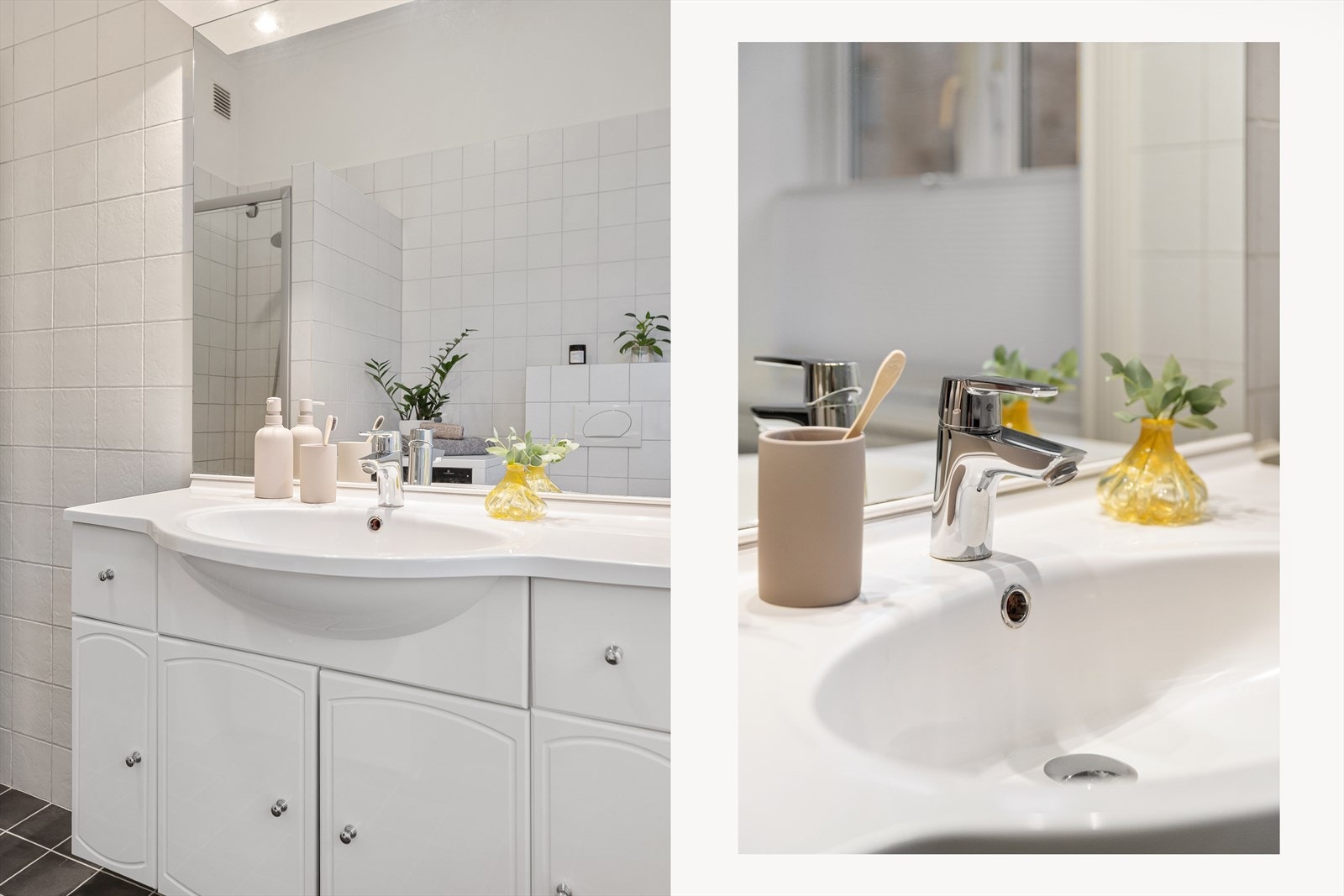 Servant med underskap gir praktisk oppbevaringsplass på badet. Det er ellers installasjoner med vegghengt toalett, dusjhjørne med glassdør og opplegg for vaskemaskin. Galleribilde