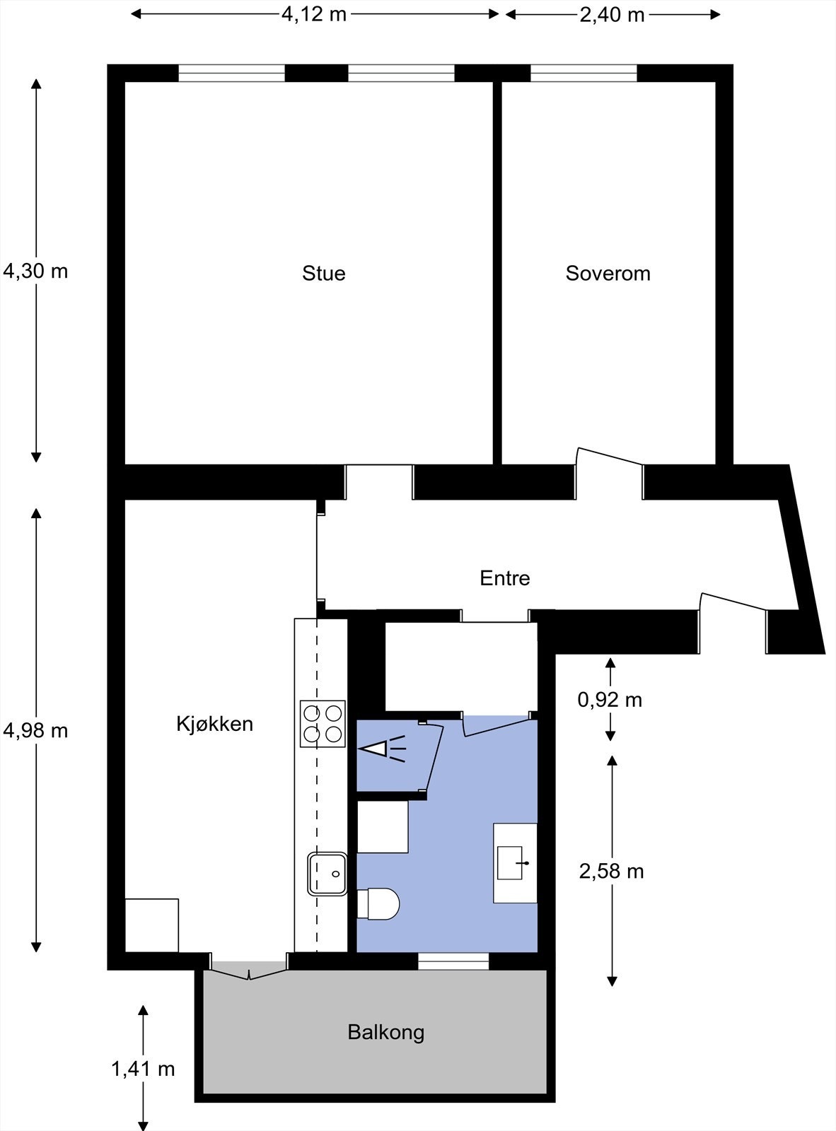 Leiligheten ligger i byggets 2. etasje og inneholder entré, bad, kjøkken med utgang til soverom, stue og soverom. I tillegg disponerer leiligheten en bod i oppgang på 2 kvm og en kjellerbod med gulvareal på 6,5 kvm. Galleribilde
