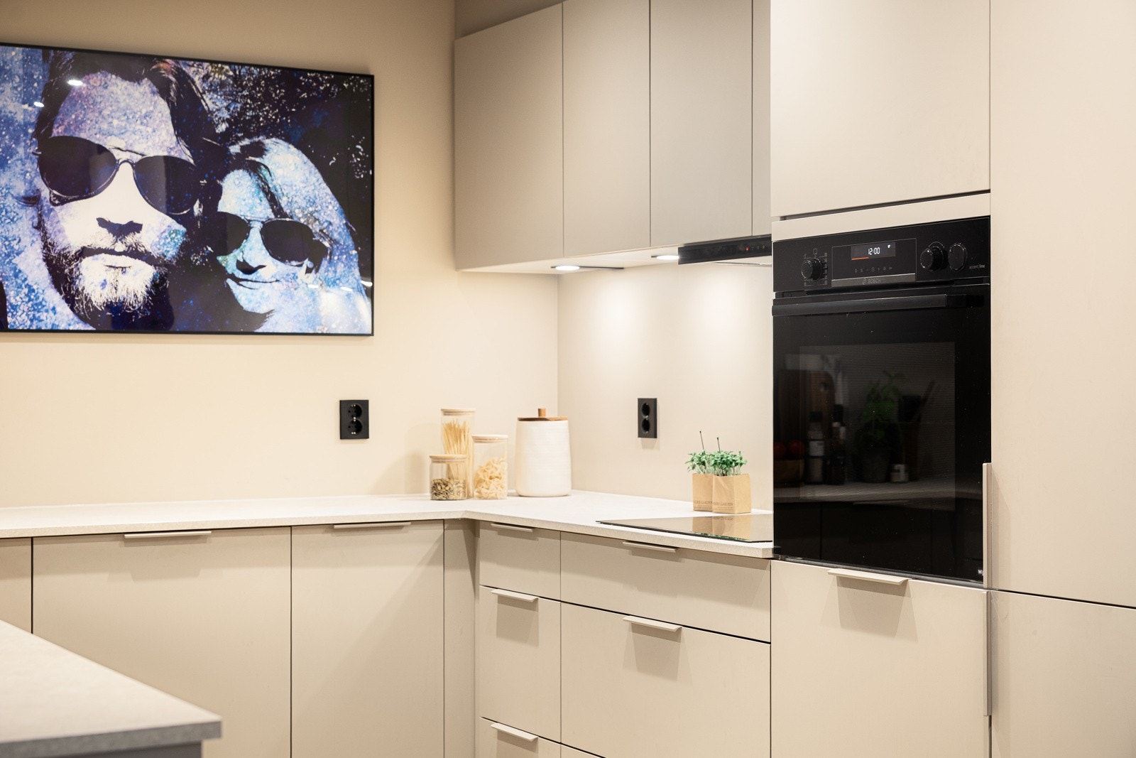 Integrerte hvitevarer; kjøl/fryseskap, oppvaskmaskin, induksjonstopp, stekeovn og komfyrvakt. Galleribilde