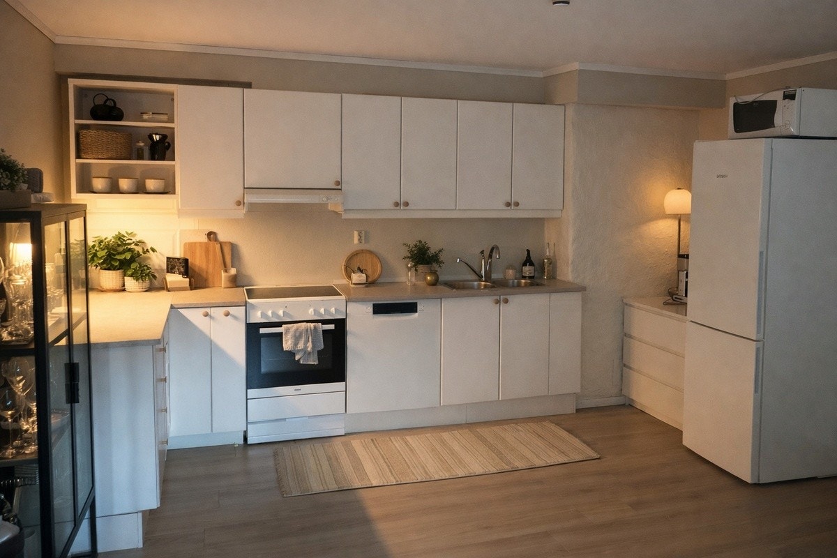 Åpen stue kjøkken-løsning gir følelsen av romslighet! Galleribilde