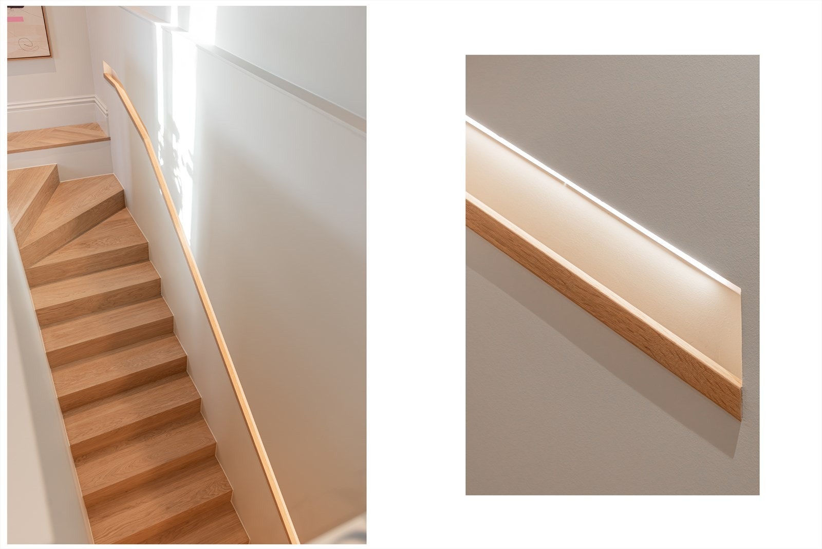 Leiligheten fremstår gjennomgående svært påkostet med delikate materialvalg - Dette inkluderer plassbygde trapper i eik med integrert LED belysning i håndløperen ned mot kjellerplanet og skreddersydde garderobeløsninger med belysning Galleribilde