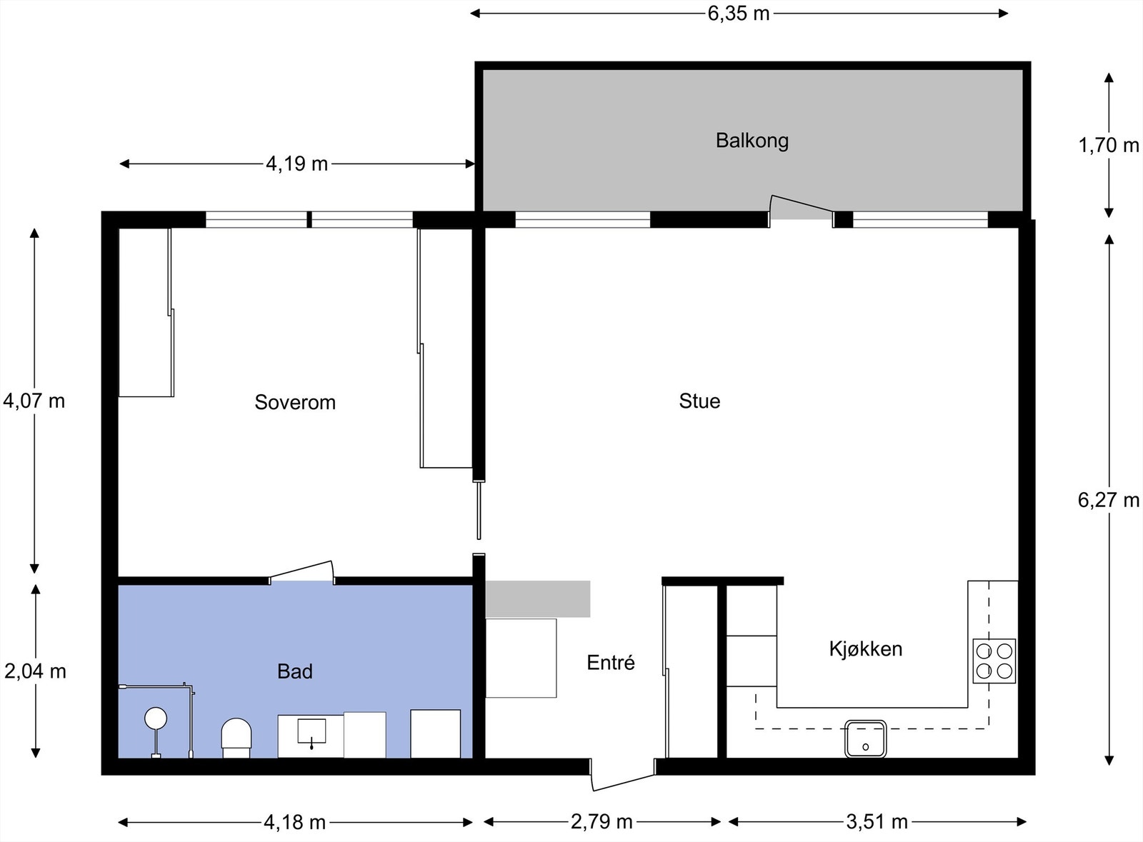 Praktisk planløsning med romslige lyse rom. Galleribilde