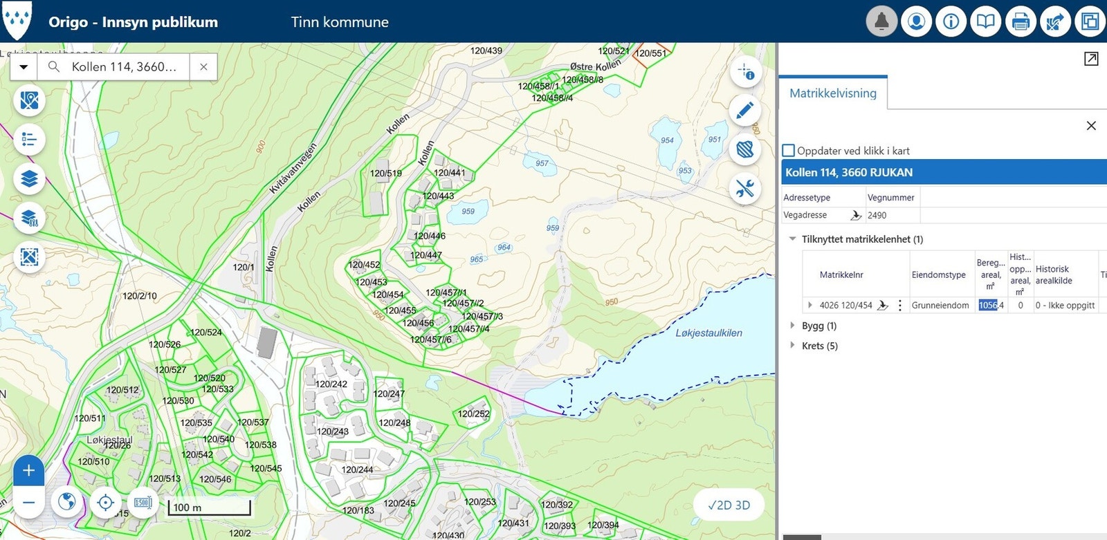 Kollen 114 med nærområdet synlig på kommunens kart via Origo innsyn publikum 28.12.2025 Galleribilde