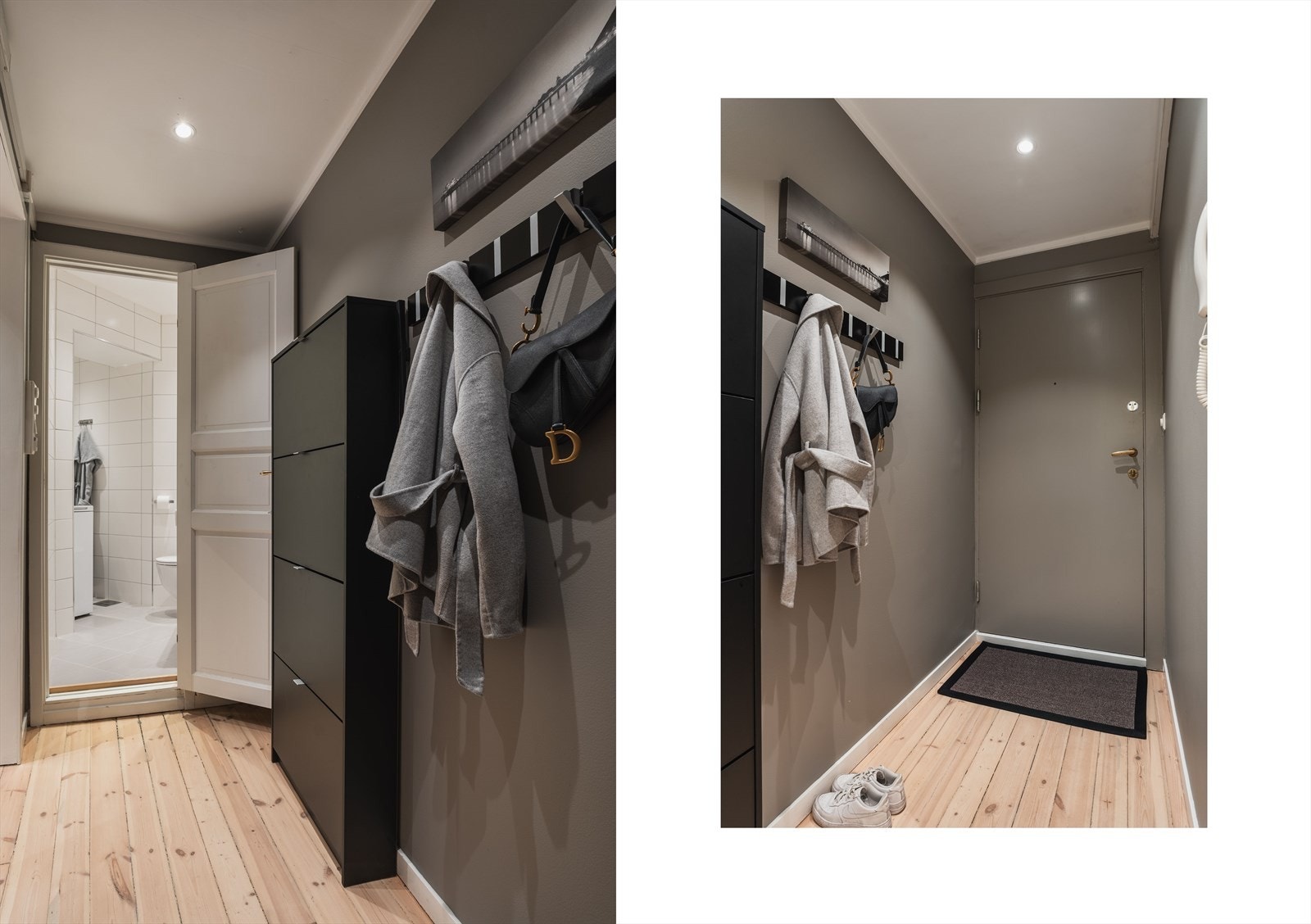 Romslig entré med downlights i tak og porttelefon - legg merke til ytterdøren, malt i samme fargetone som veggene, samt originale tregulv som ble slipt og lasert i 2023. Galleribilde