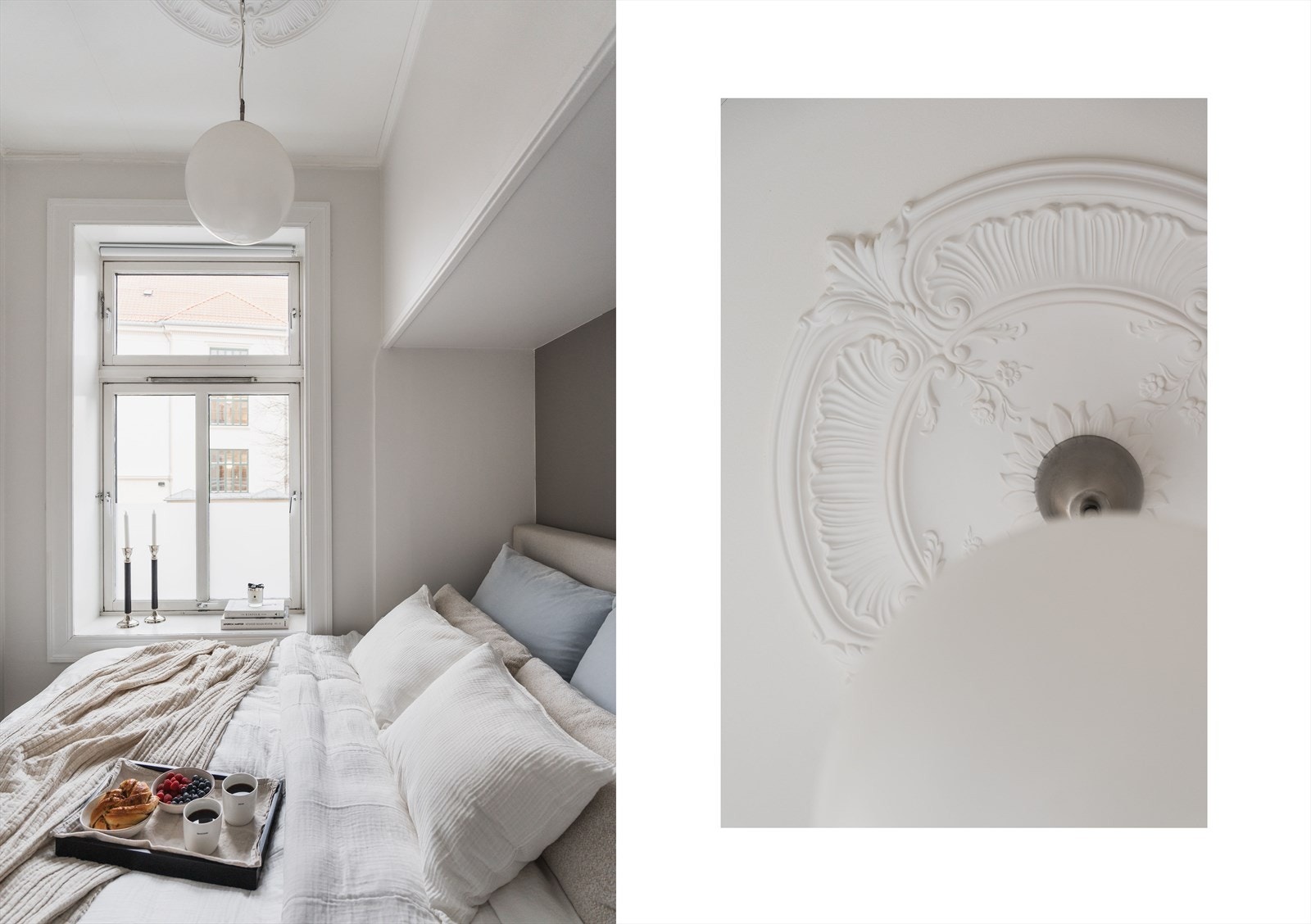 Soverommet viderefører leilighetens klassiske uttrykk med rosett i tak og dyp vinduskarm - malte flater fra 2023. Galleribilde
