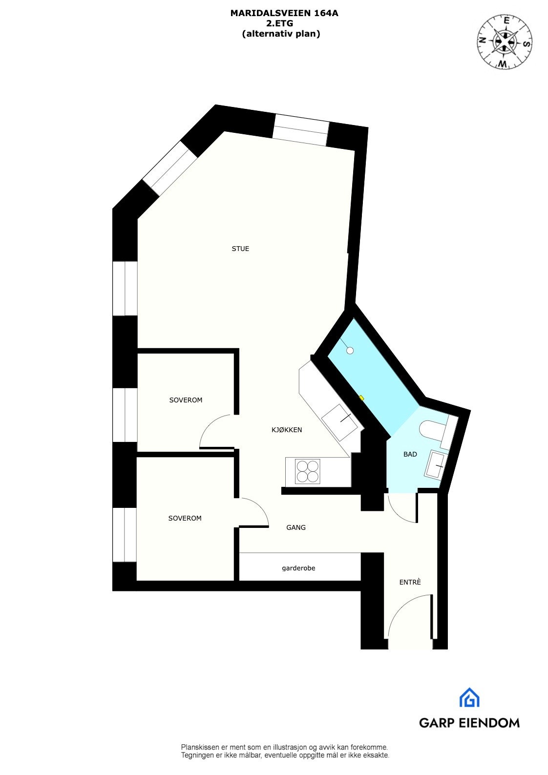 Illustrasjon av alternativ plantegning for omgjøring til 3-roms. Ny eier har selv ansvar for at eventuelle endringer i planløsning oppfyller dagens krav. Galleribilde