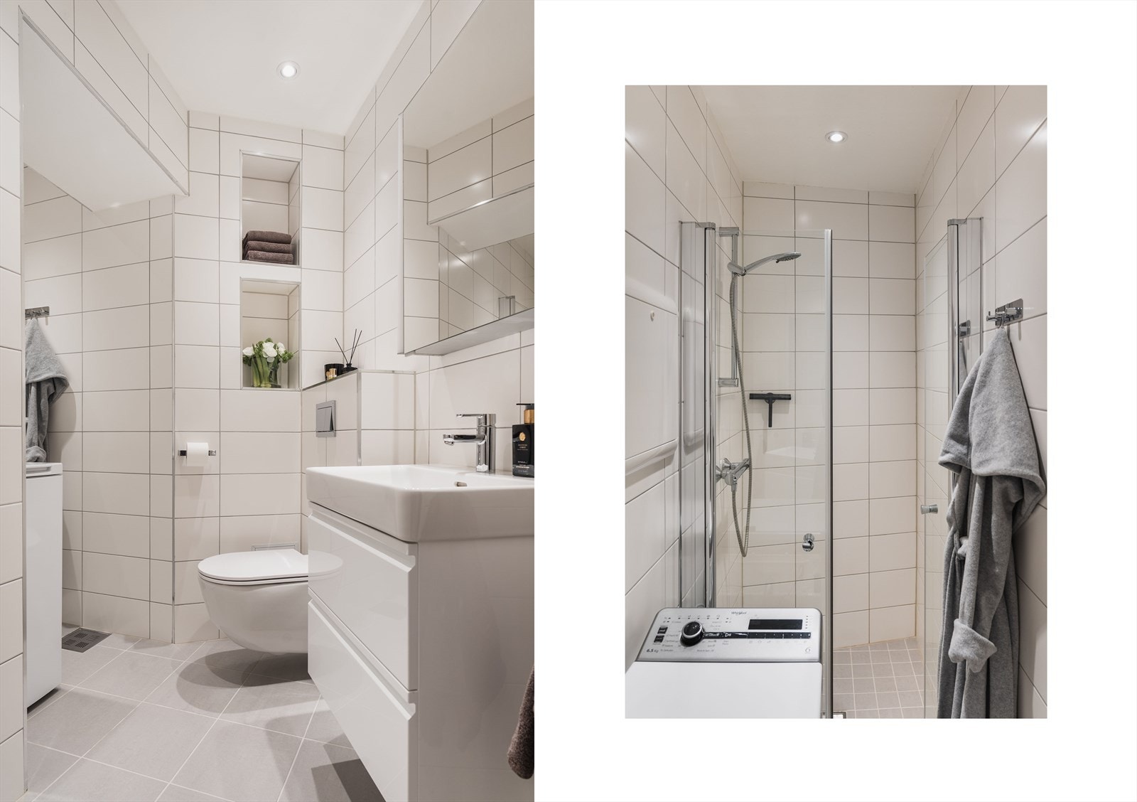 Pent flislagt bad fra 2015/16 utstyrt med opplegg for vaskemaskin, vegghengt toalett, romslig dusjhjørne, servantskap og speilskap. Galleribilde