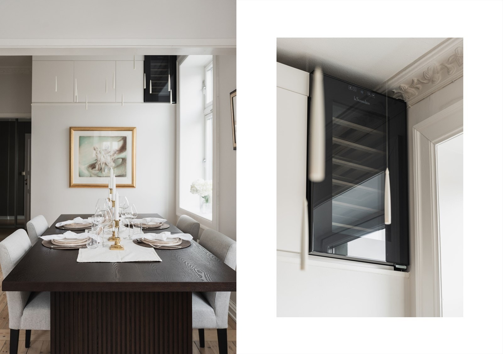 Meget god utnyttelse av plassen - det er etablert praktisk oppbevaring og vinskap i høyden over spisestue. Galleribilde