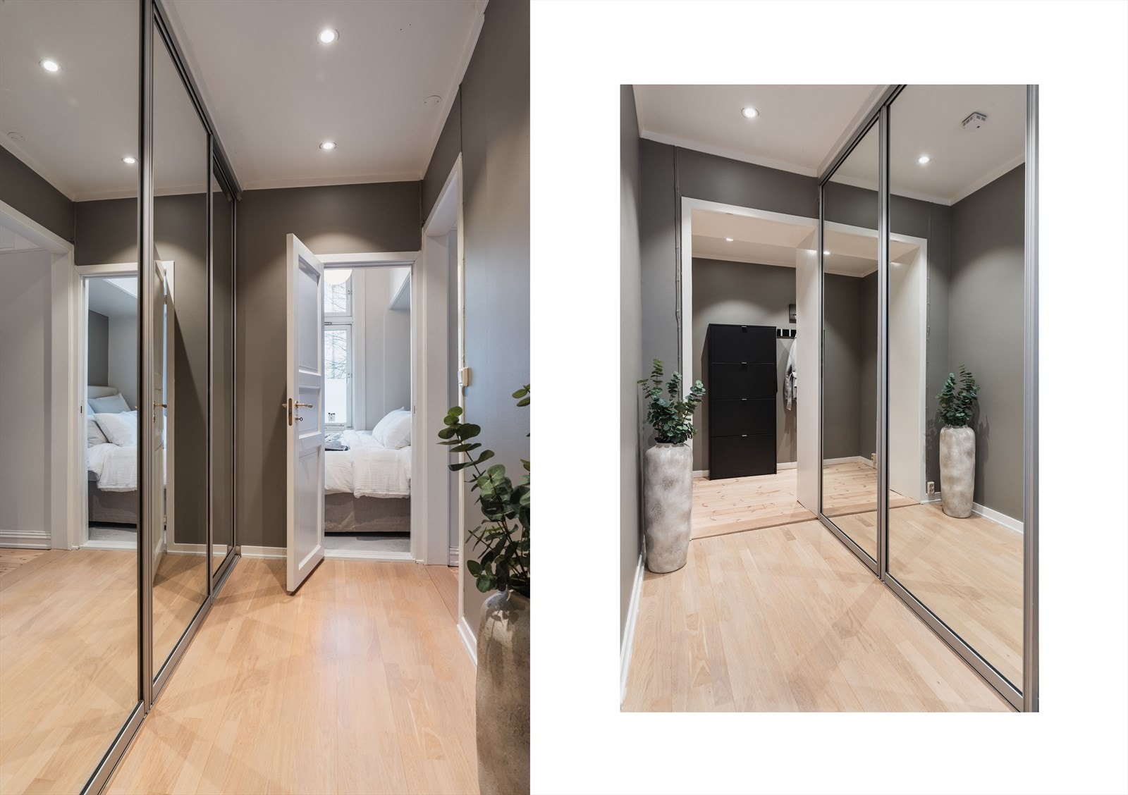 Gangen mellom soverom og bad byr på rikelig oppbevaringsplass med skyvedørsgarderobe fra gulv til tak med speildører. Parkett ble slipt og lasert i 2023. Galleribilde