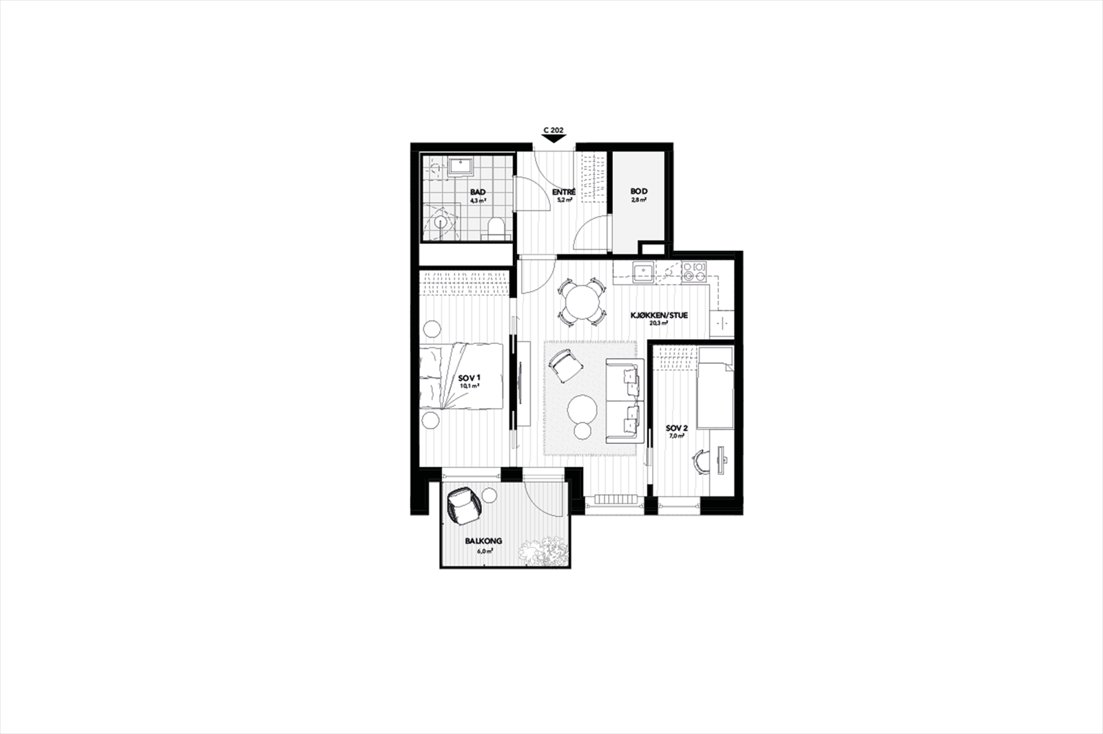 Plantegning fra Utbygger. Det medfølger også kjellerbod på ca. 5 m². Galleribilde