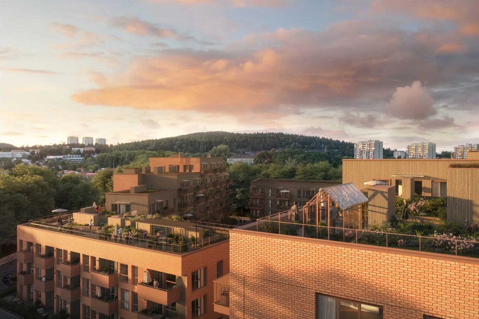 Illustrasjon | Beboerne får glede av to felles takterrasser med blant annet sittegrupper, utekjøkken og pergola. Det blir også opparbeidet plantekasser med mulighet for dyrking av grønnsaker og andre nyttevekster. Avvik kan forekomme. Galleribilde