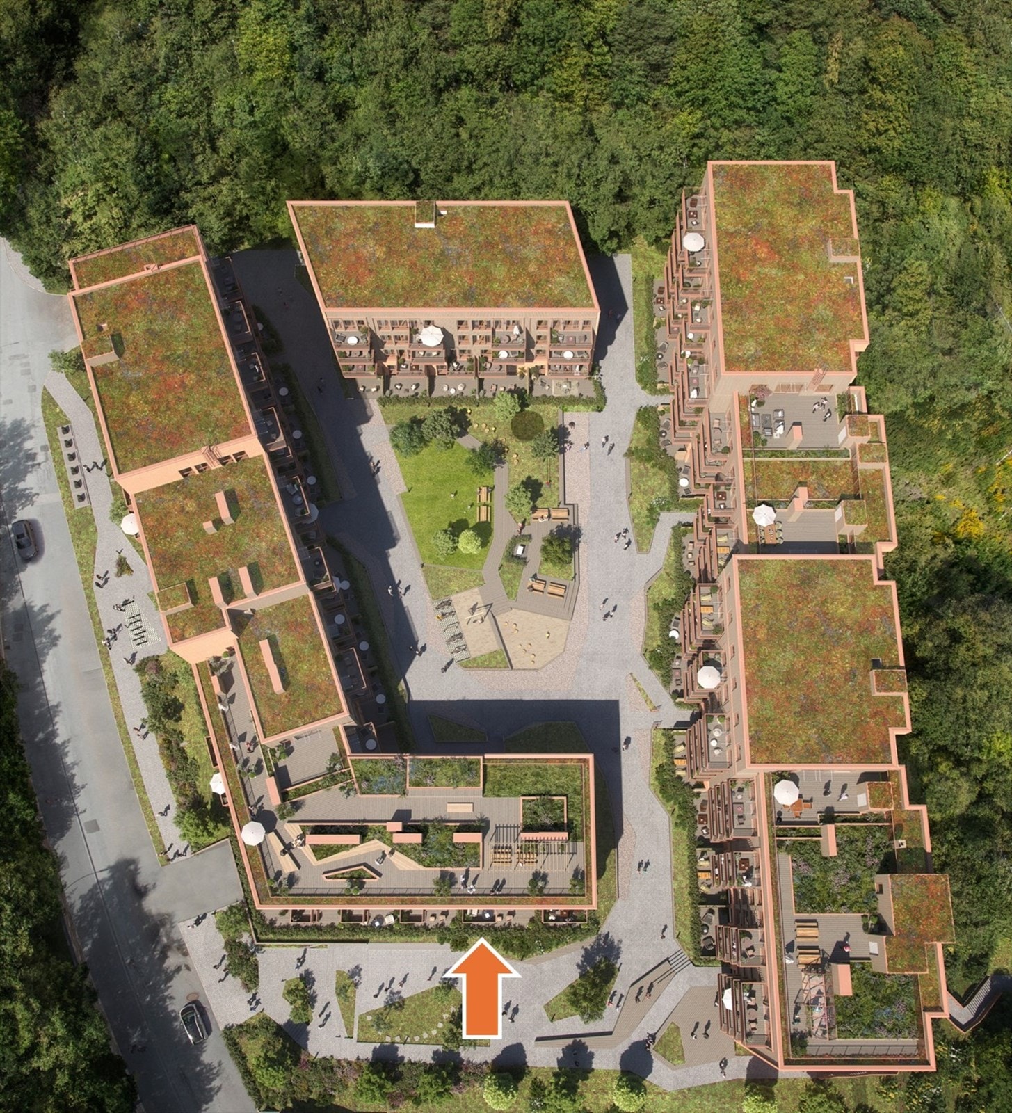 Illustrasjon utomhus | Vollebekk Stasjon har store innbydende fellesområder og gårdsrom. Solrike, felles takterrasser med fantastisk utsikt, samt to felles takterrasser med ulike sosiale soner.Avvik kan forekomme. Galleribilde