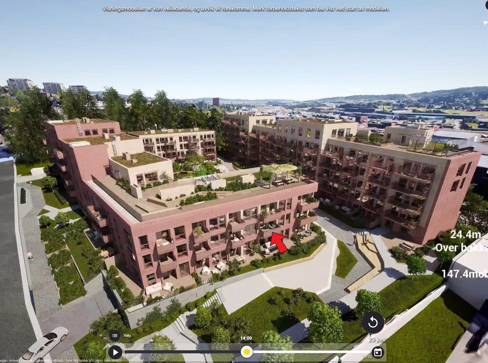 Illustrasjon hentet fra utbyggers simulator. Markering av leilighetens beliggenhet. Avvik kan forekomme. Galleribilde