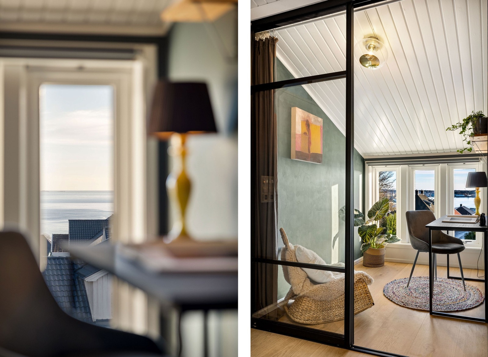 Fra stuen er det adkomst via en elegant glassdør til en sovealkove/kontor. Dette er et allsidig og funksjonelt rom som enkelt kan tilpasses ulike behov, enten du ønsker en rolig arbeidsplass eller en ekstra sone for hvile. Galleribilde