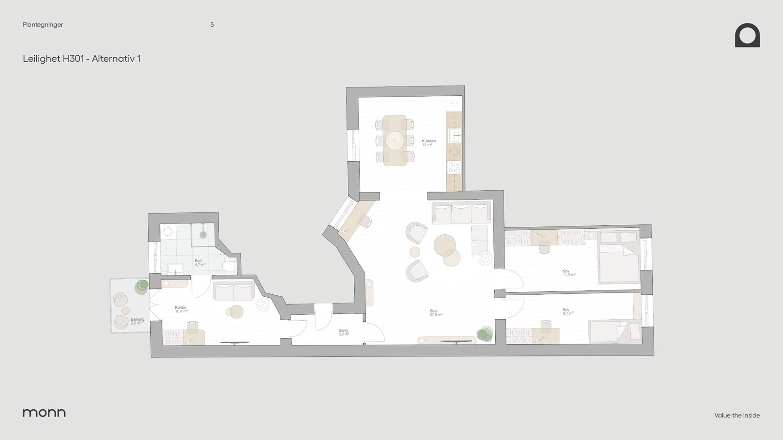 Alternativ plantegning 1 tegnet av interiørarkitekt i Monn Galleribilde