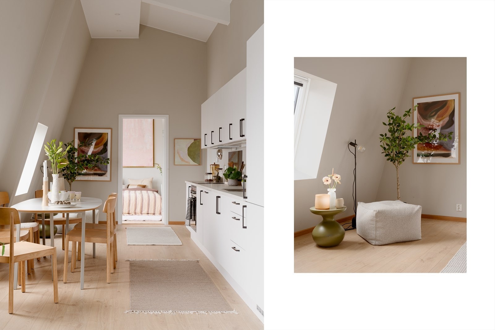 Kjøkkenet har en lys og tidsriktig innredning med soft-close og laminat benkeplate. Integrert komfyr, oppvaskmaskin og kjøl/frys. Galleribilde