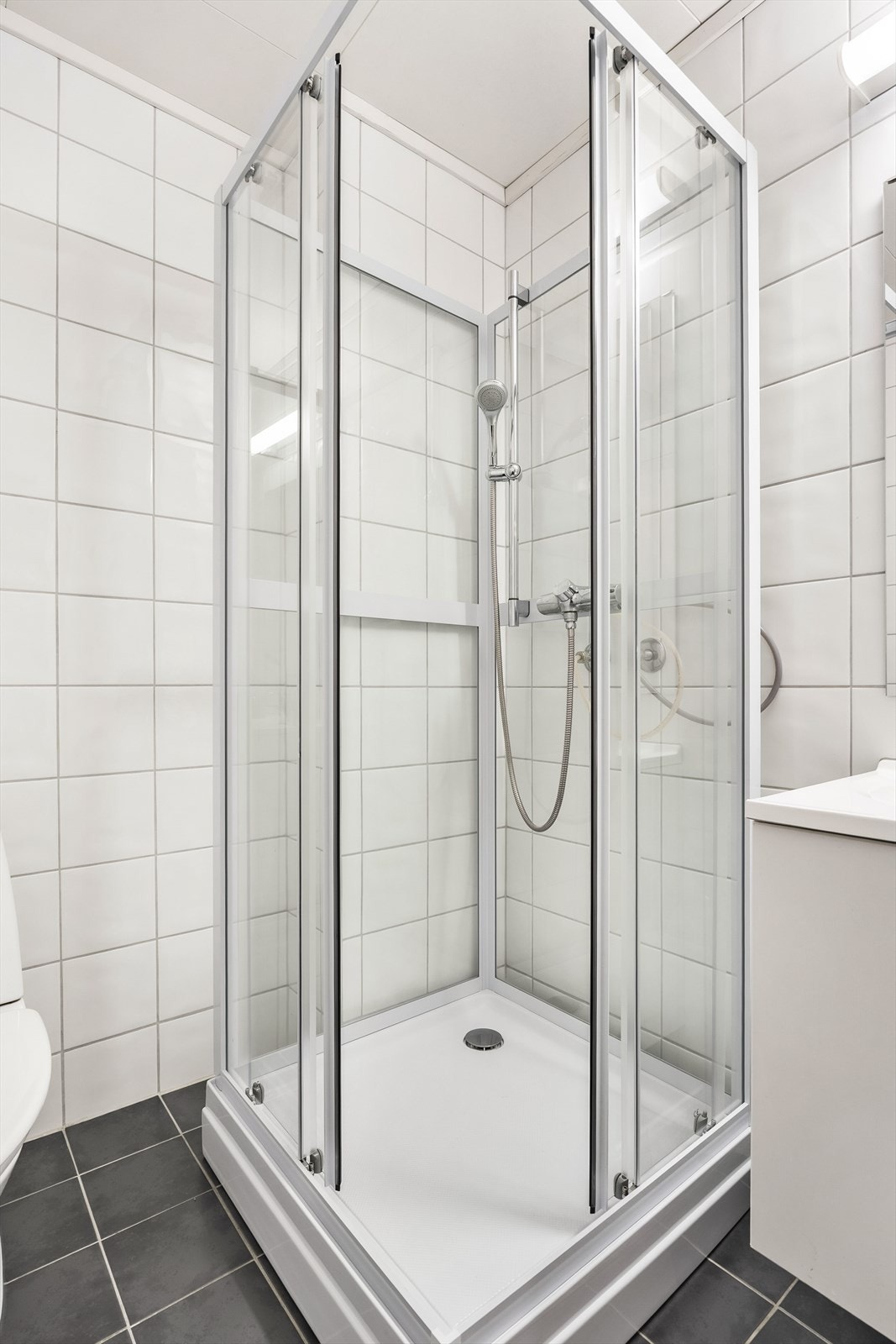 Praktisk dusjkabinett og gulvstående toalett. Galleribilde