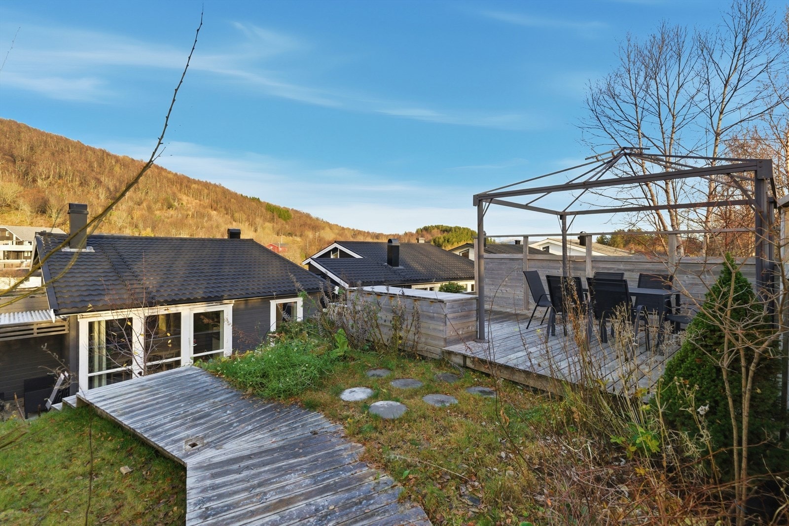 Terrenget er godt utnyttet med gangvei, plantekasser, plen, og en kombinasjon av naturlig beplantning, blomster, prydbusker og trær. Galleribilde