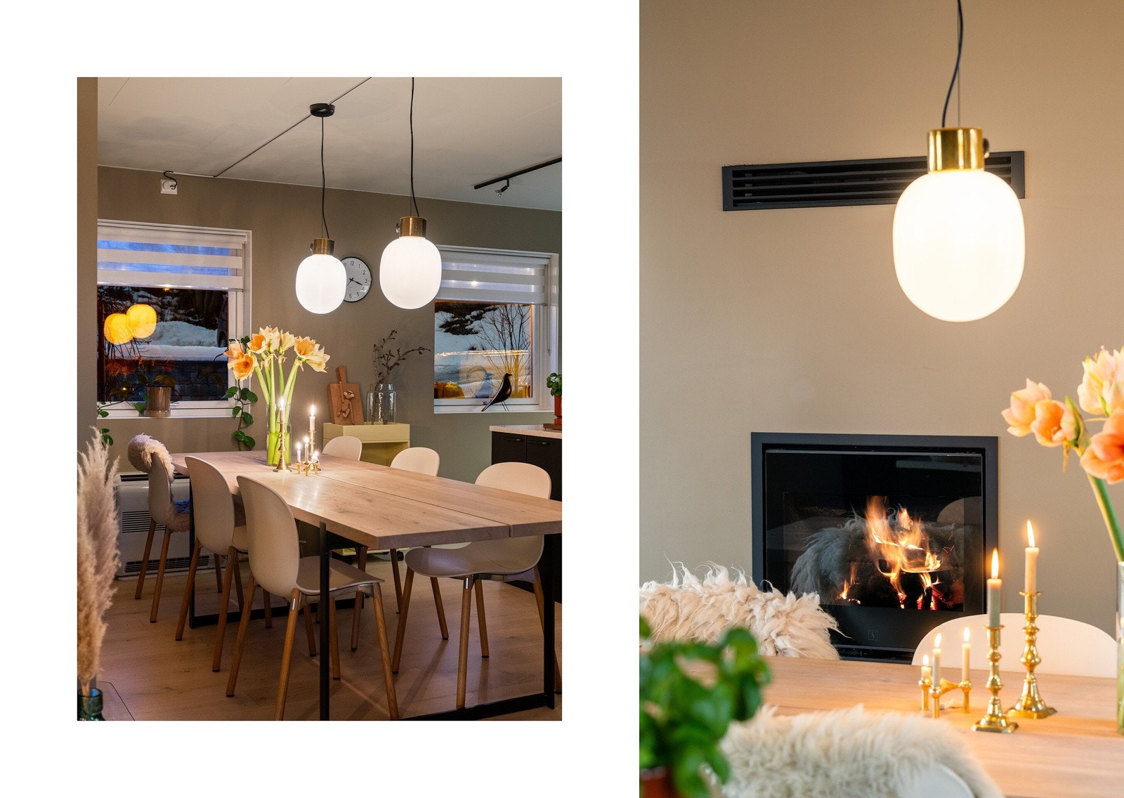 God varme fra peisinnsats, som ble satt inn i 2019. Boligen varmes forøvrig opp ved hjelp av varmepumpe (2019) og vedovn i sokkel. Galleribilde