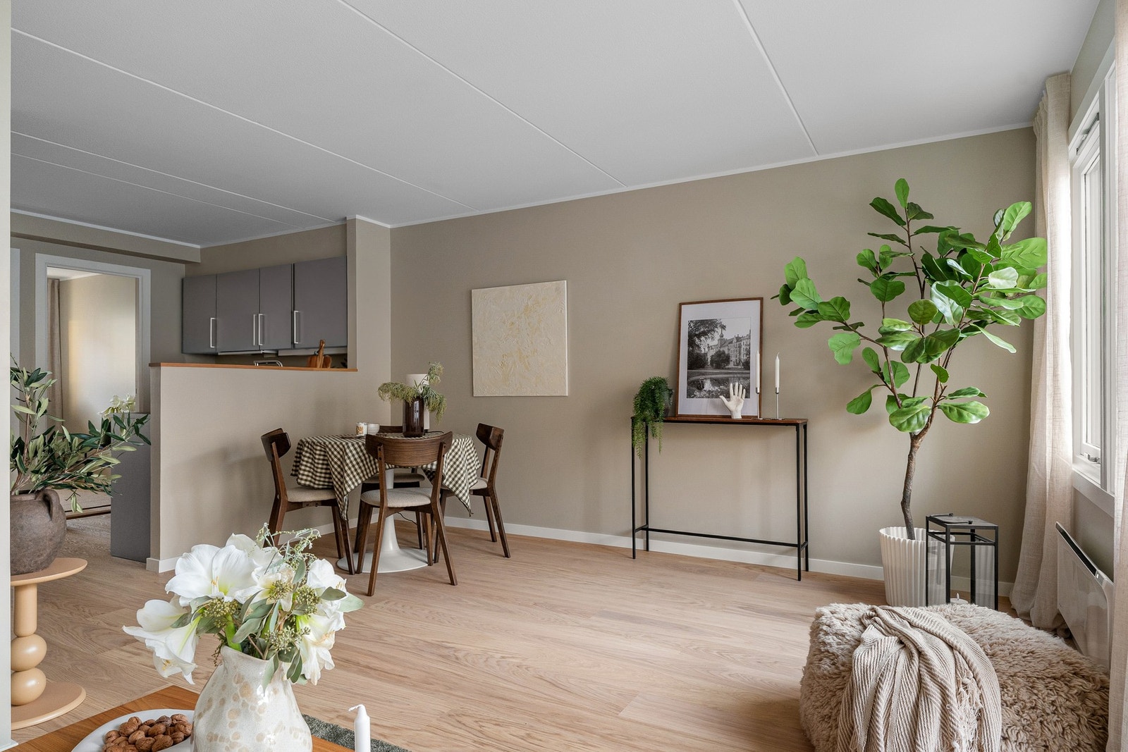 Stue med delvis åpen kjøkkenløsning Galleribilde