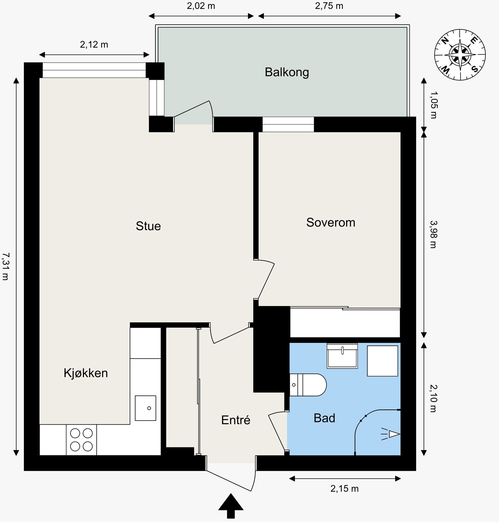 Plantegning - beliggende i byggets 2. plan men er regulert som 1. etasje. Galleribilde