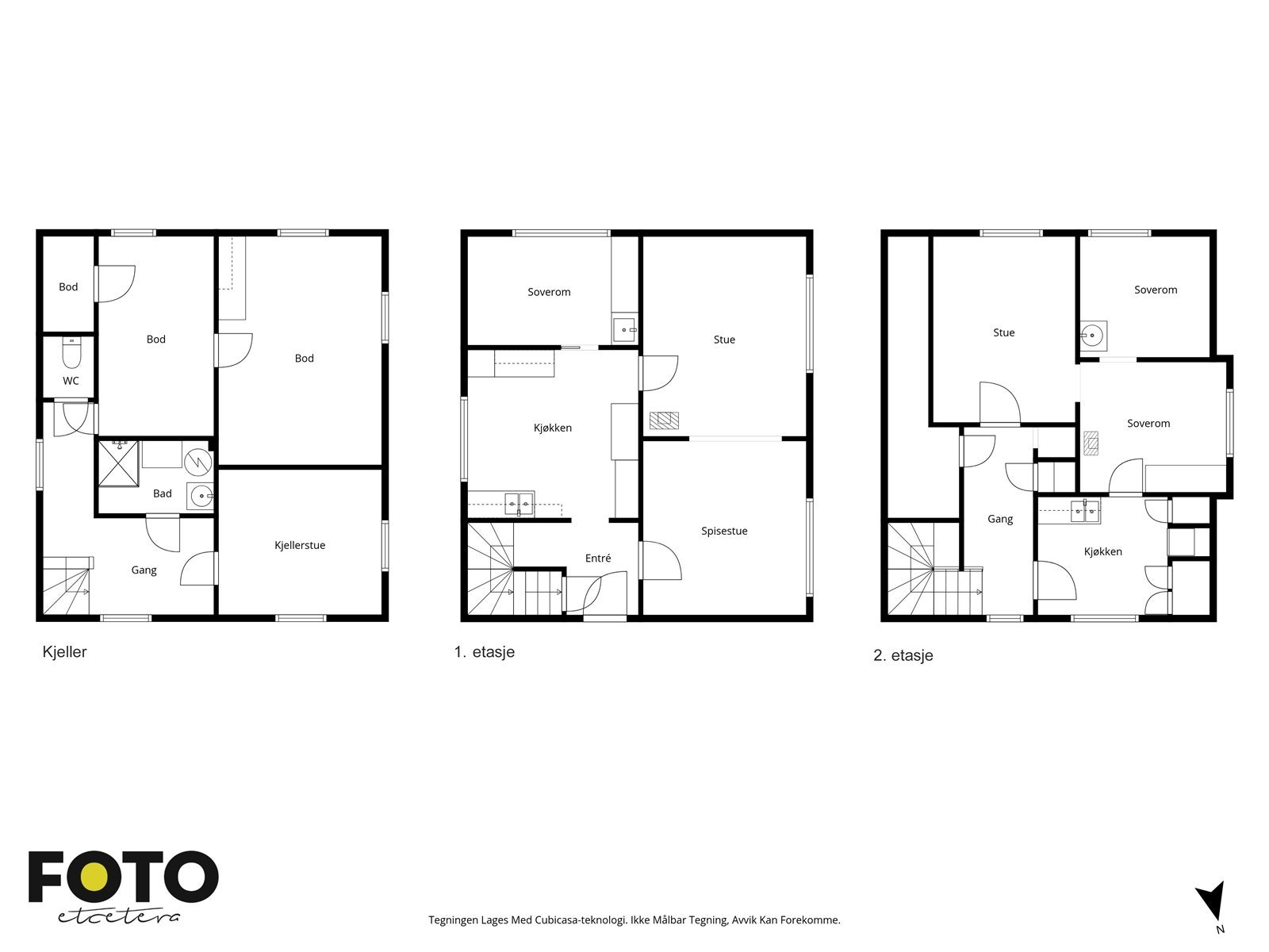 Plantegning som viser boligens totale arealfordeling over kjeller, første og andre etasje. Galleribilde