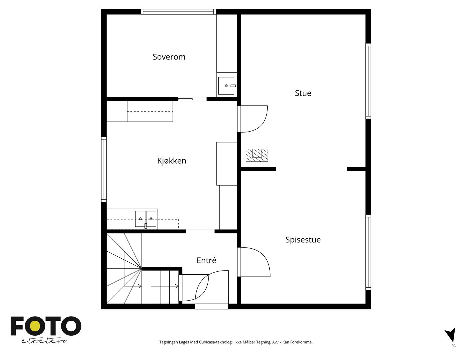 Plantegning for første etasje, som inneholder entré, stue, kjøkken og soverom. Galleribilde