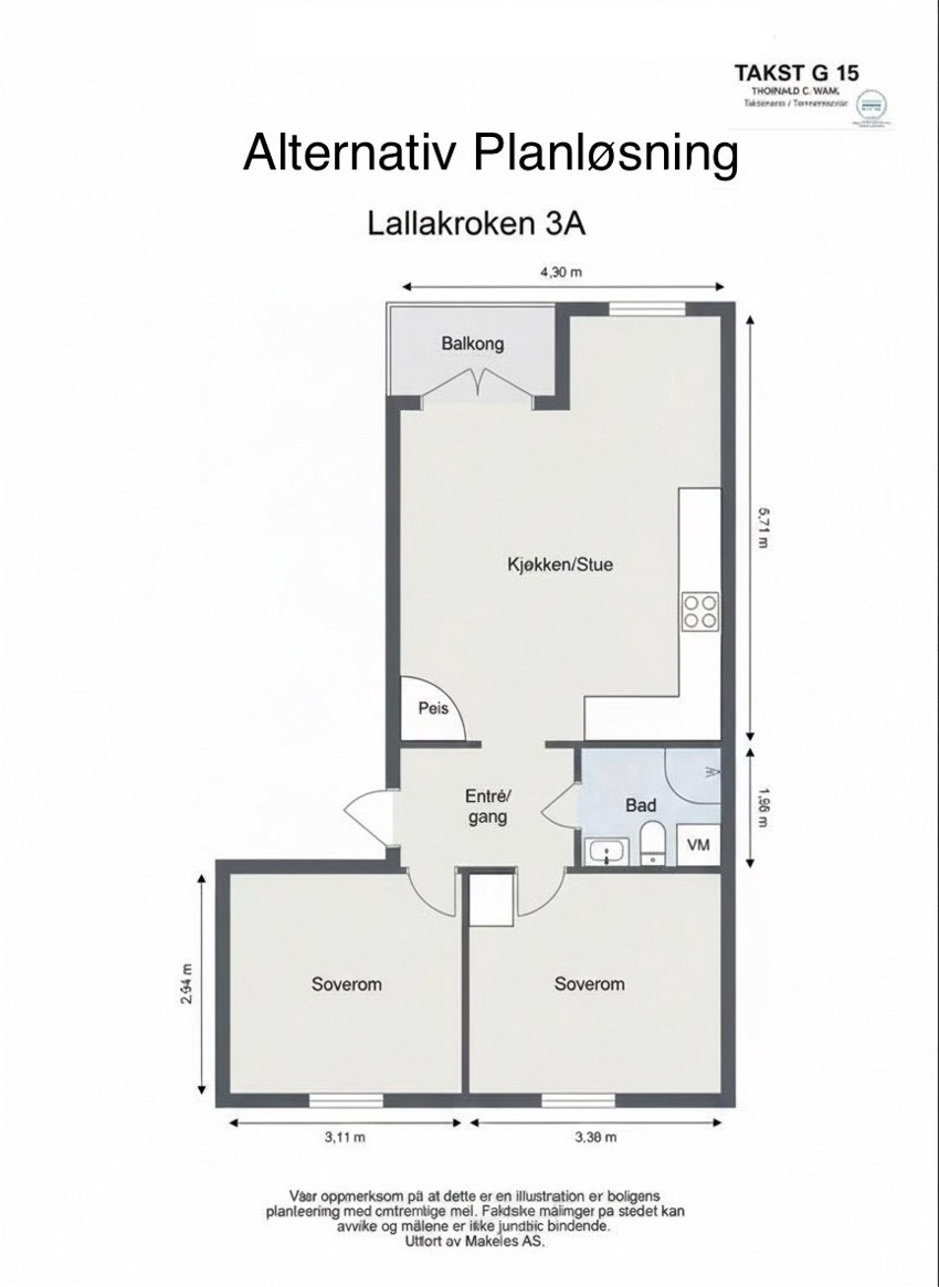 Alternativ plantegning. Flere naboer har flyttet kjøkken ut i stueområdet for å etablere soverom nummer 2. Galleribilde