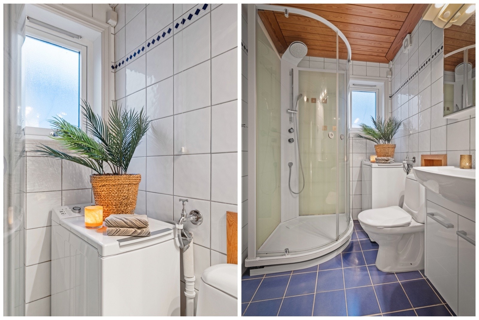 Innredet med toalett, servant med skap under, speilskap, dusjkabinett samt opplegg for vaskemaskin. Nåværende vaskemaskin følger boligen. Galleribilde