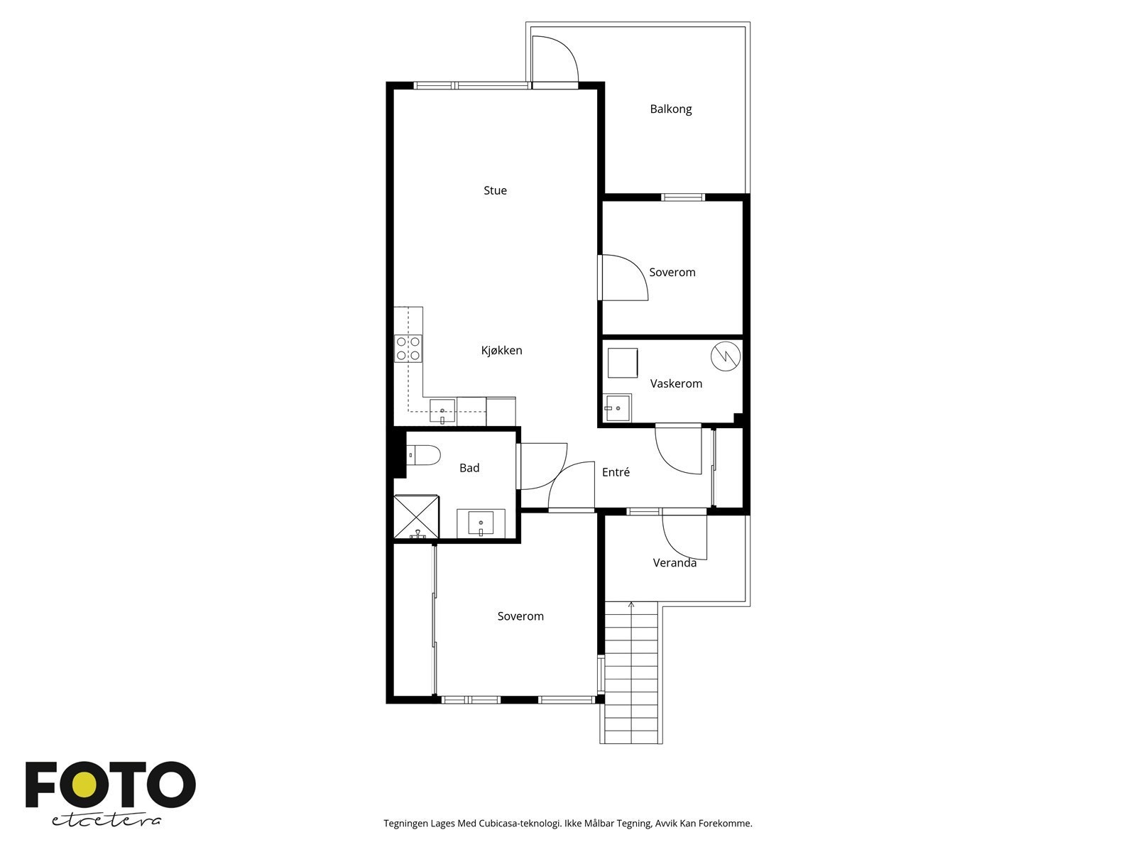Plantegningen viser en arealeffektiv leilighet med to soverom, bad og separat vaskerom. Galleribilde