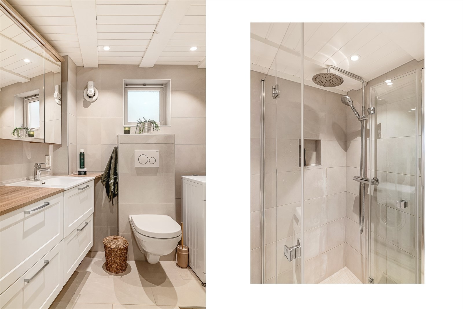 Nytt helfliset bad med varmekabler i gulv, downlights i himling, vegghengt toalett og rainshower i dusjsone. Opplegg for vaskemaskin og tørketrommel ble da lagt opp på badet. Galleribilde