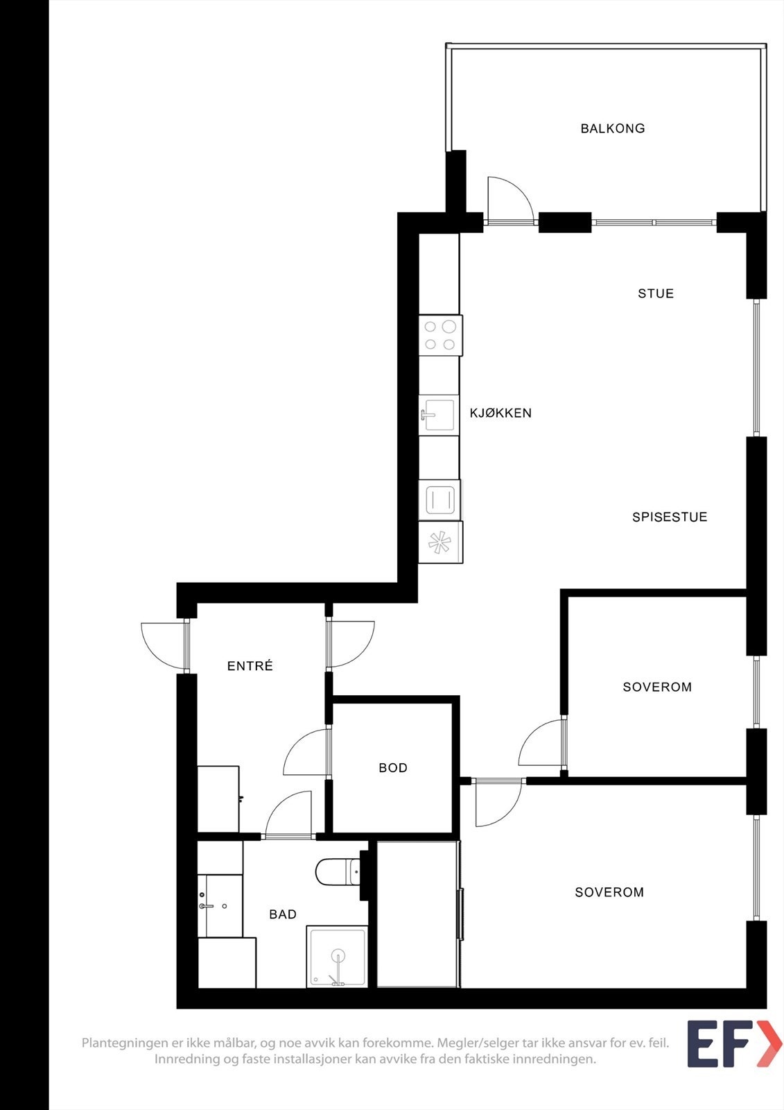 Planløsning Sjølystveien 42, 5 etg.: entre, bad/vaskerom, innvendig bod, mellomgang, åpen stue/kjøkkenløsning med tilkomst til balkong, samt 2 stk. soverom. I tillegg medfølger det en ekstern bod på ca 6 kvm. i byggets underetg. Galleribilde