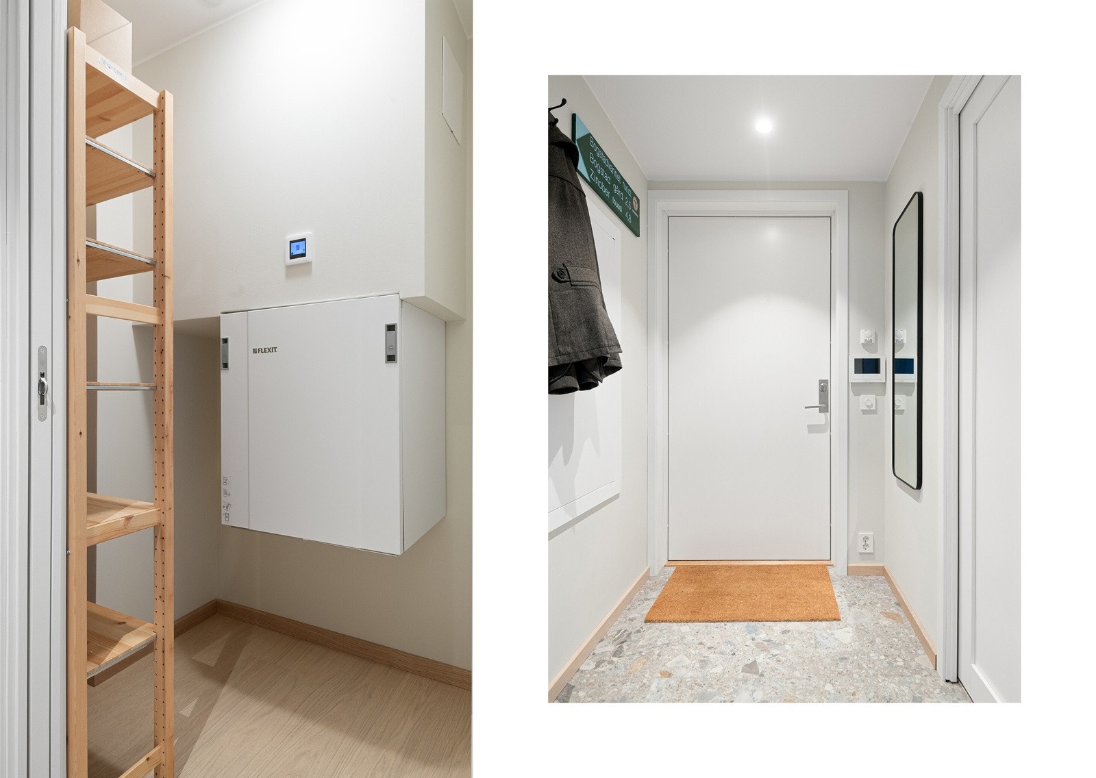 Entréen er lys og innbydende, med plass til både oppheng og oppbevaring. Flislagt gulv med gulvvarme bidrar til en varm velkomst. Fra entréen er det også tilgang til et innvendig bod-/teknisk rom på ca 2 kvm, som gir praktisk oppbevaringsplass. Galleribilde