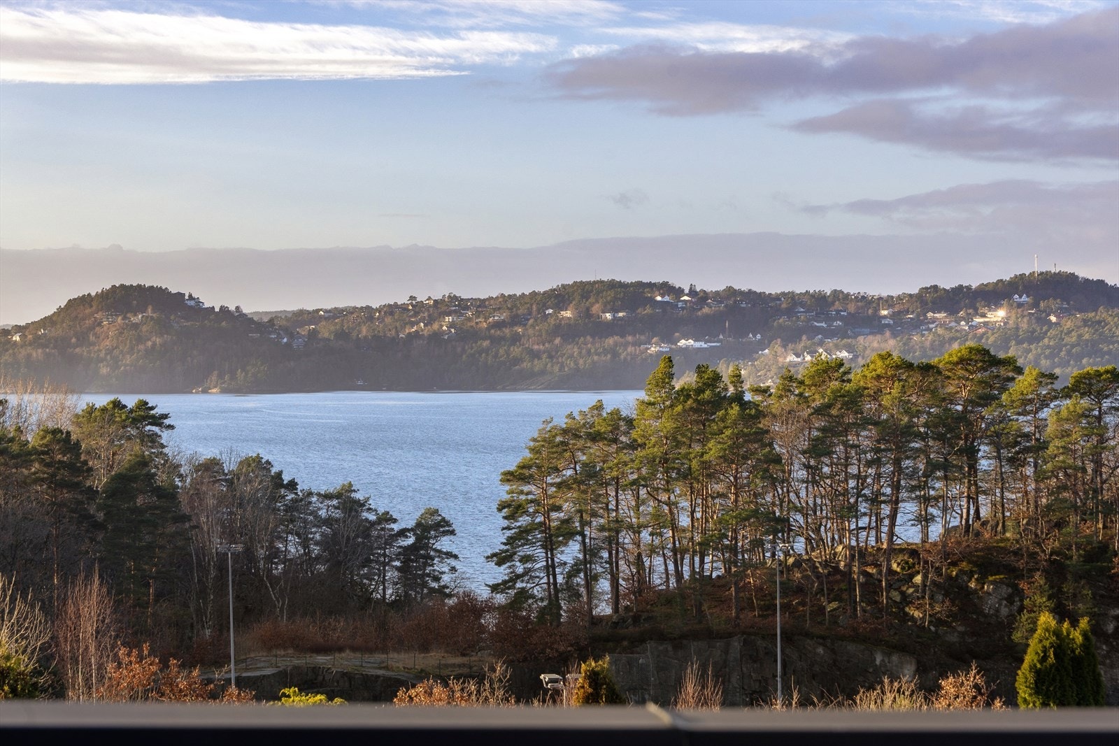Utsikt over fjordlandskapet med skogkledde åser i bakgrunnen. Galleribilde