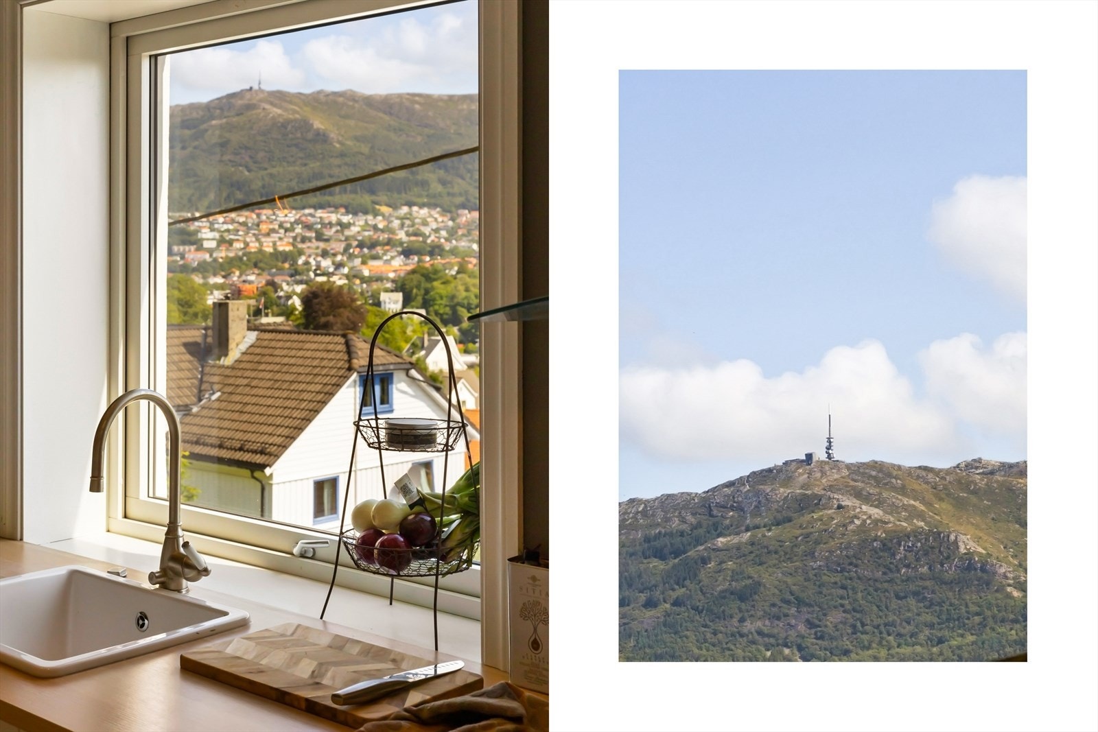 Soloppgangen over fjellet gir kjøkkenet morgenlys og skaper en lun og stemningsfull start på dagen. Galleribilde