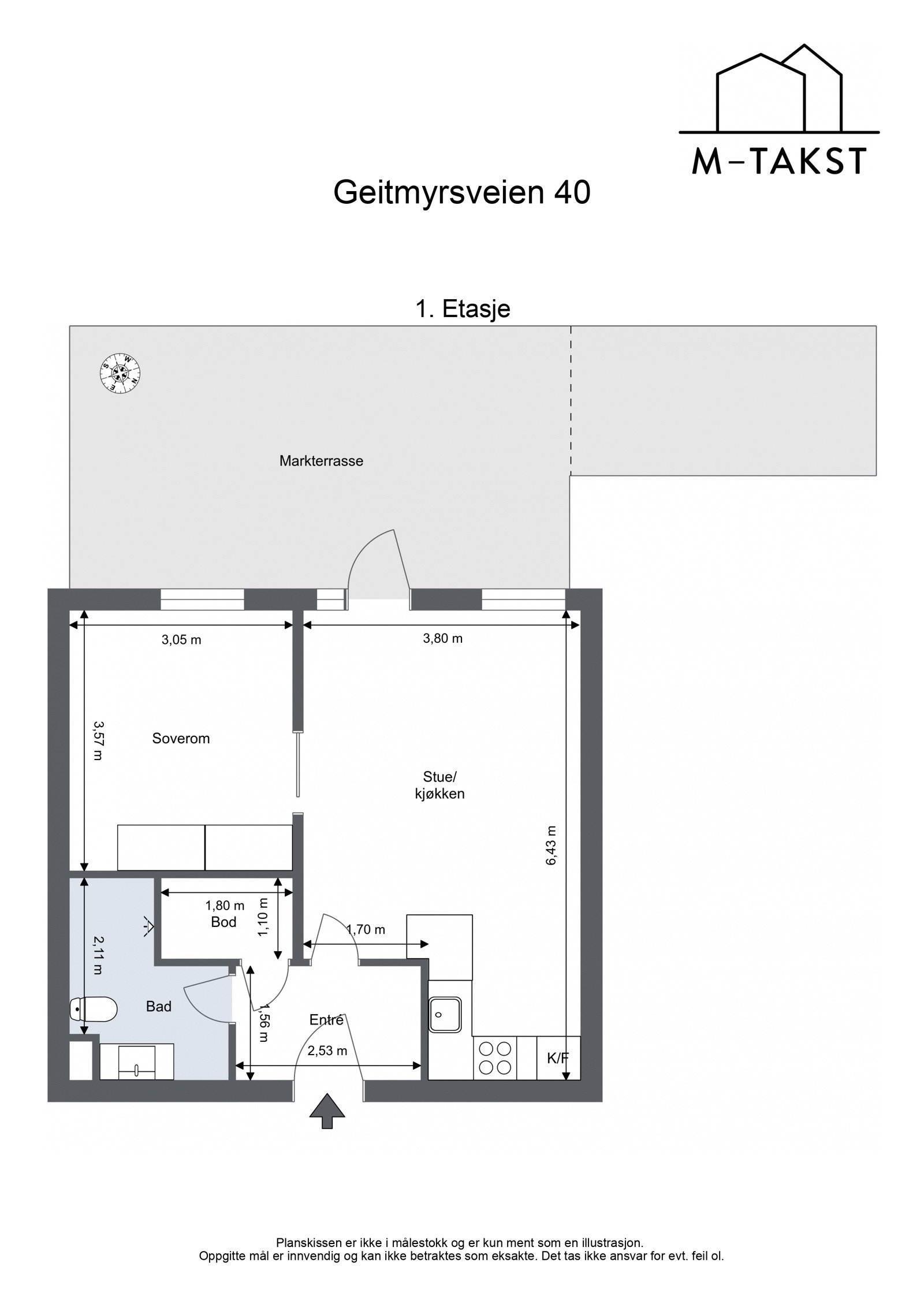 Plantegning. Markterrassen med hele 24kvm privat areal, samt skravert felt til høyre er avsatt til sameiets nødutgang Galleribilde