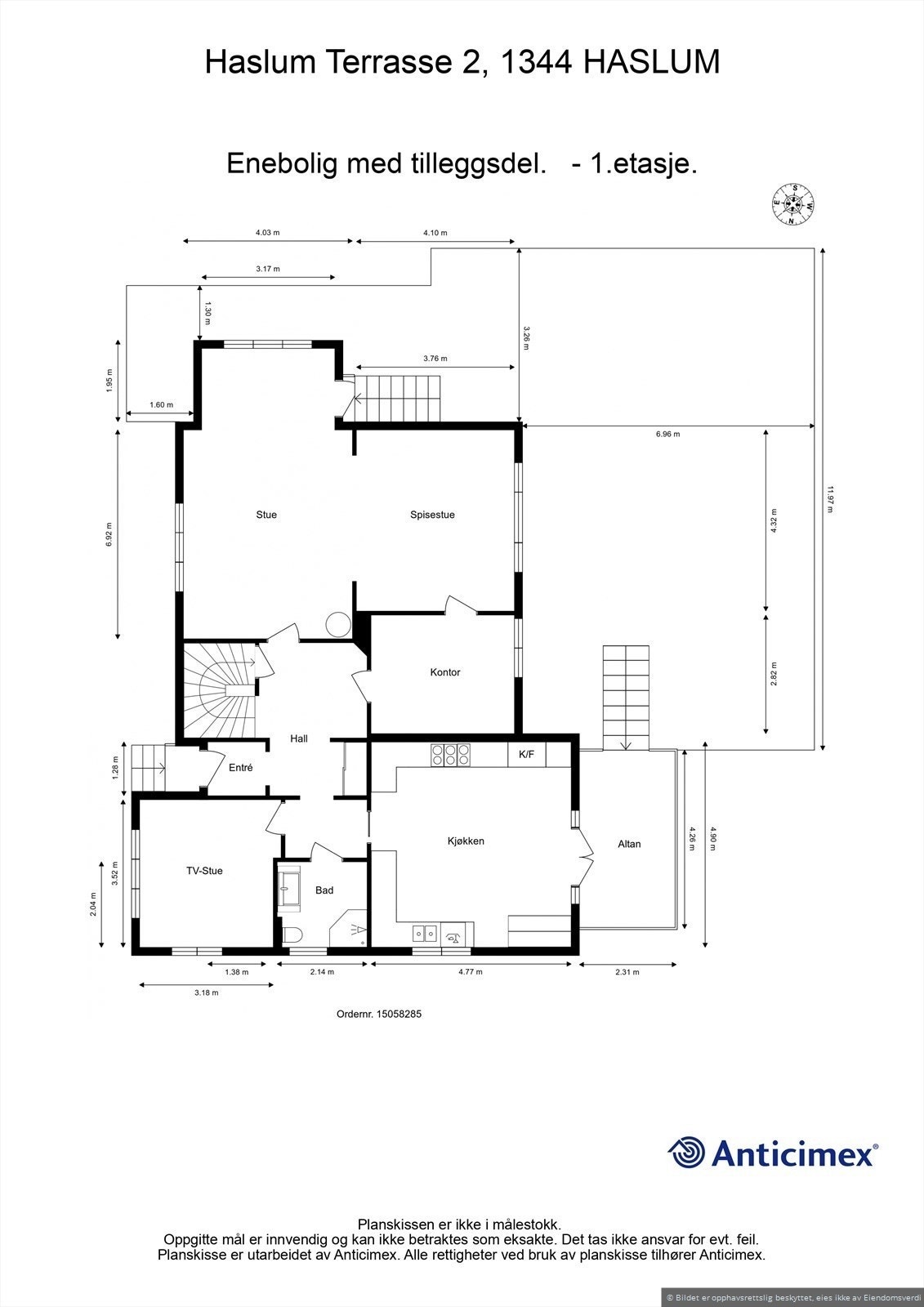 Plantegning 1 etg. Tilleggsdel er ikke medtatt i leieforholdet. Galleribilde