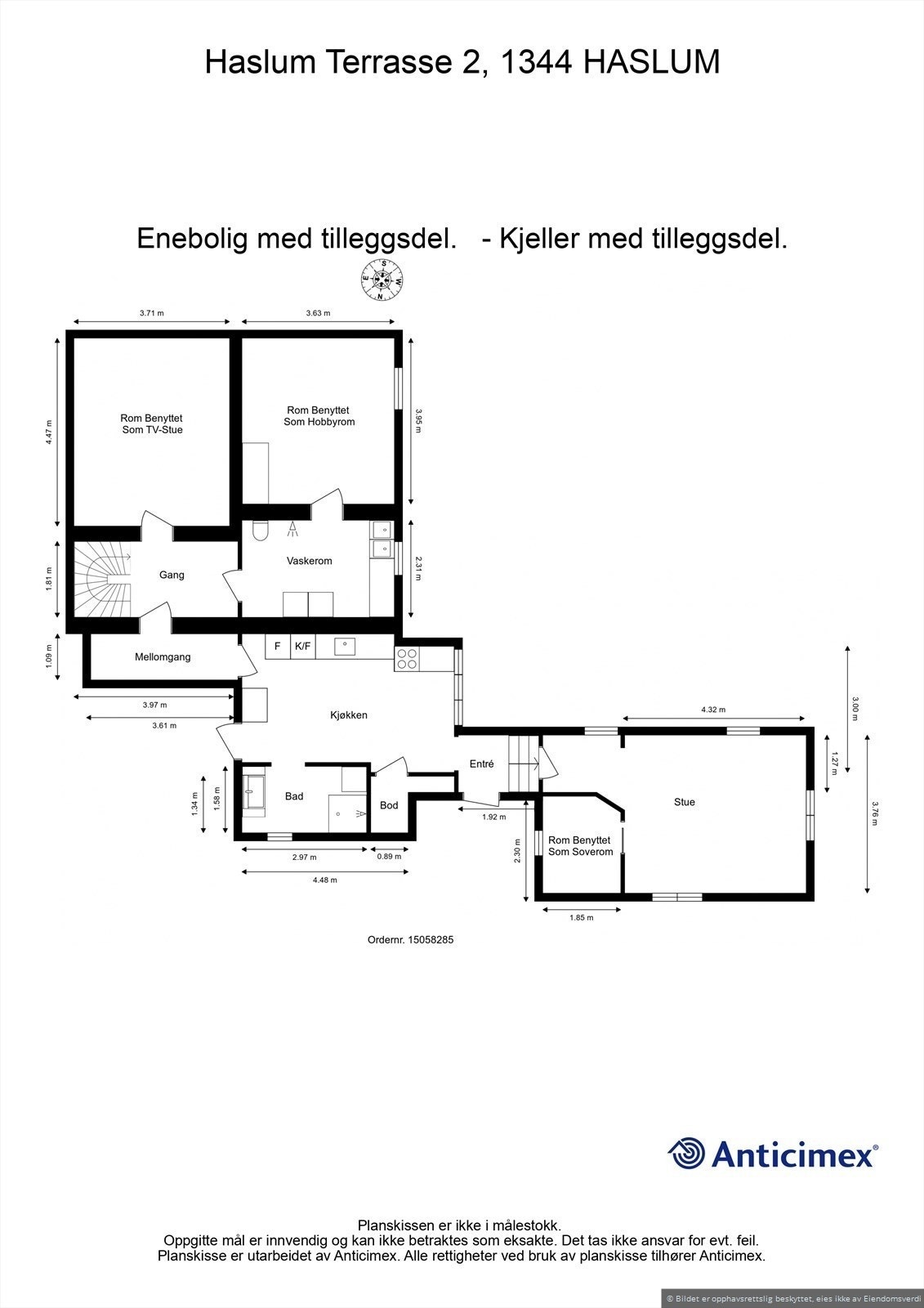 Plantegning kjeller - tilleggsdel er ikke en del av leieforholdet. Galleribilde