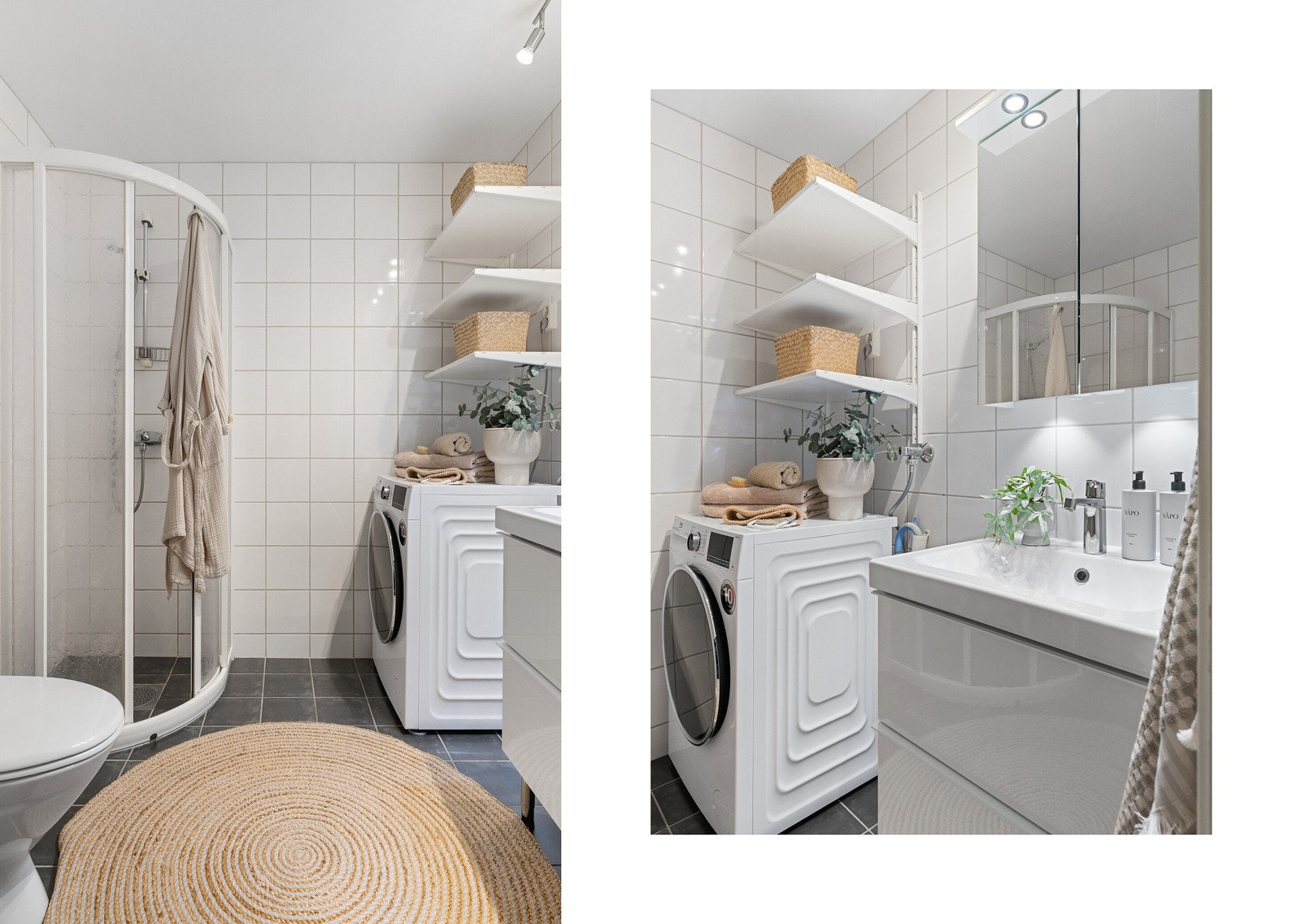 Rommet er videre innredet med dusjhjørne, toalett, opplegg for vaskemaskin, vegghengte hyller og servant med skuffer. Galleribilde