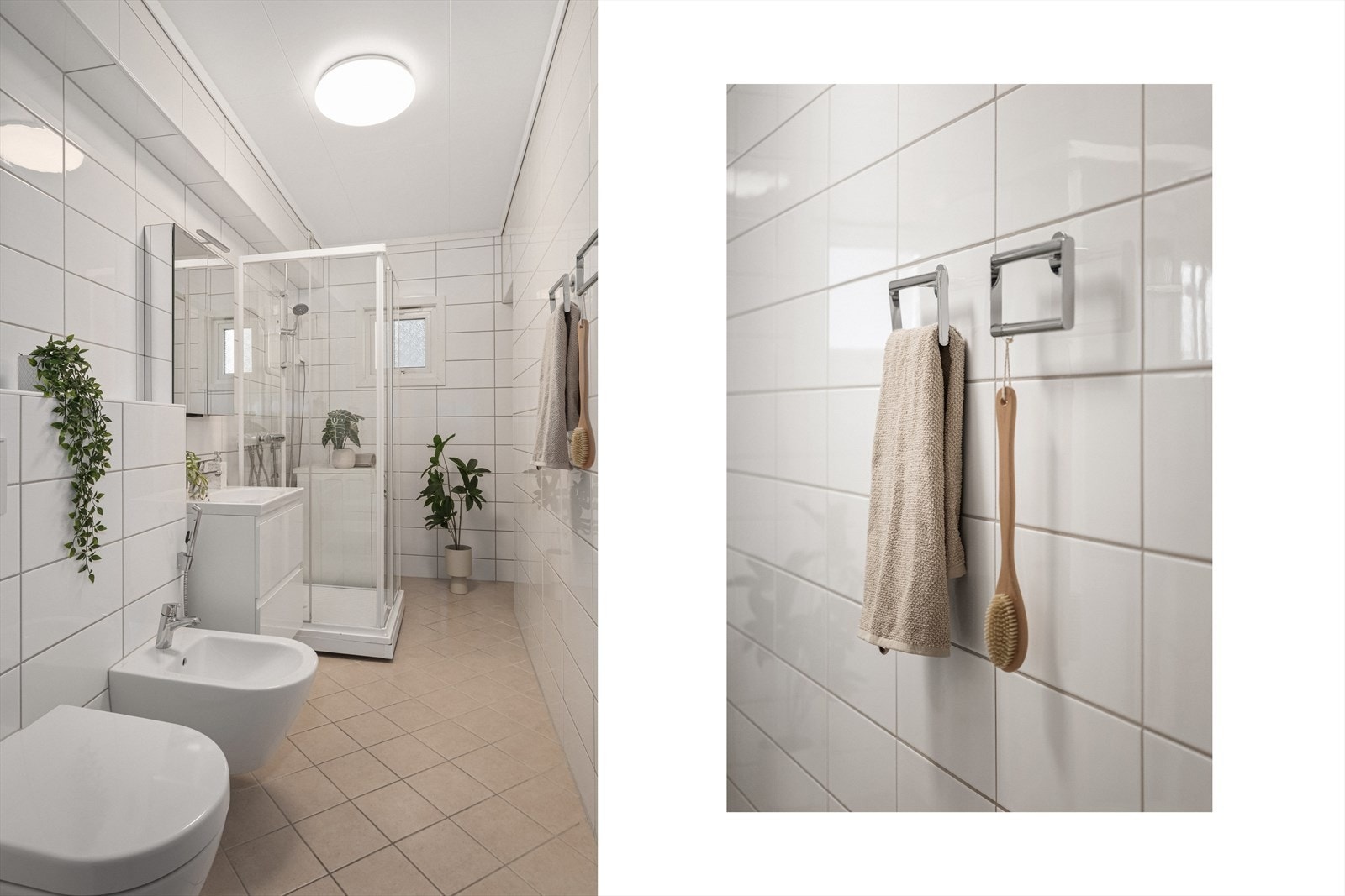 Baderommet inneholder vegghengt toalett, bide, dusjkabinett, opplegg for vaskemaskin/tørketrommel, rør i rør skap og møblement. Galleribilde