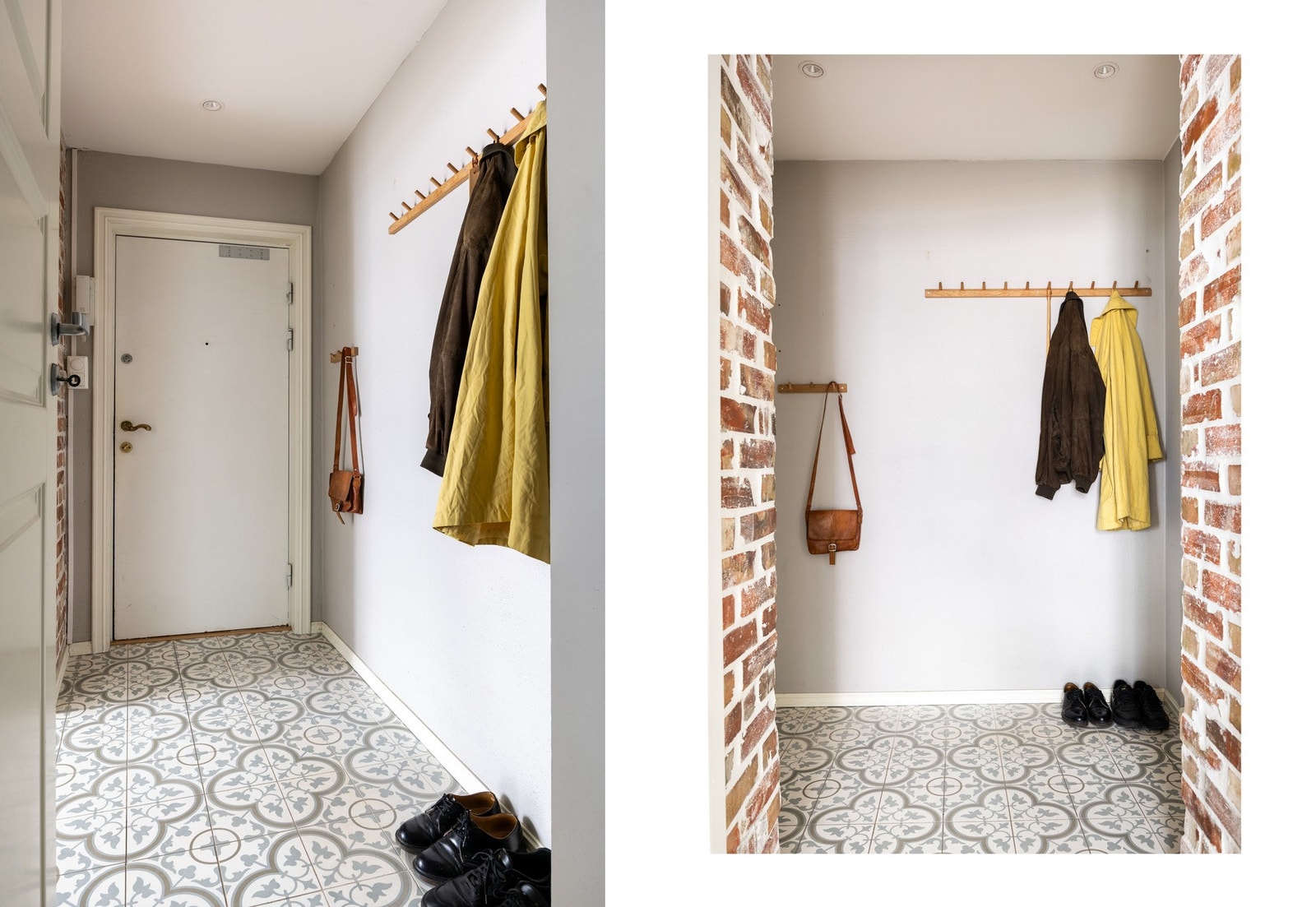 Bak inngangsdøren møtes du at et innbydende inngangsparti med god plass til oppheng av yttertøy og plassering av sko. Gangen har marokkanske fliser og lyse veggflater som gir et godt første inntrykk av hva leiligheten har å by på. Galleribilde