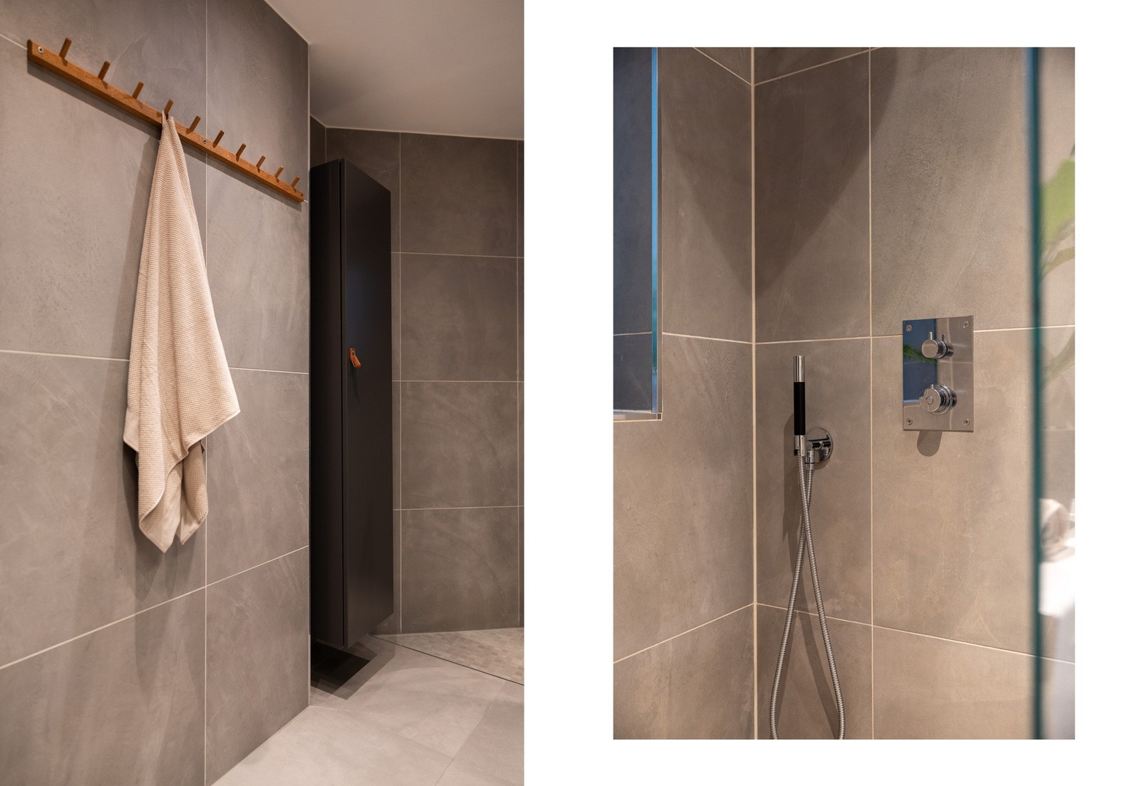 Dusjnisjen har glassvegg og mosaikkfliser på gulv. Høyskap gir god lagringsplass. Galleribilde