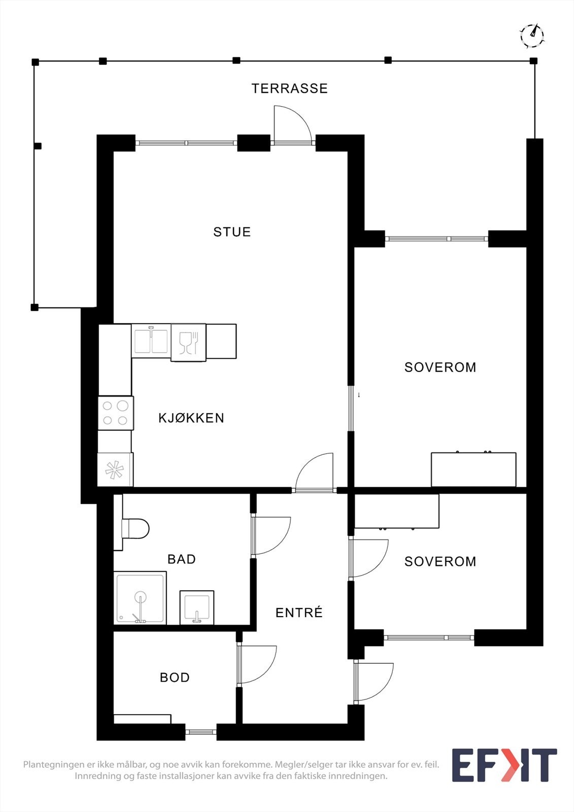 Plantegningen viser en arealeffektiv fordeling av leilighetens 63 m². Galleribilde