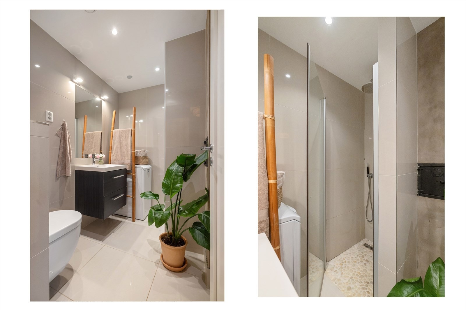 Badet inneholder dusjhjørne med regnfallsdusj, vegghengt toalett og baderomsinnredning med skuffer, servant med ett-greps blandebatteri og speil på veggen. Høyttalere i himling med radio. Galleribilde