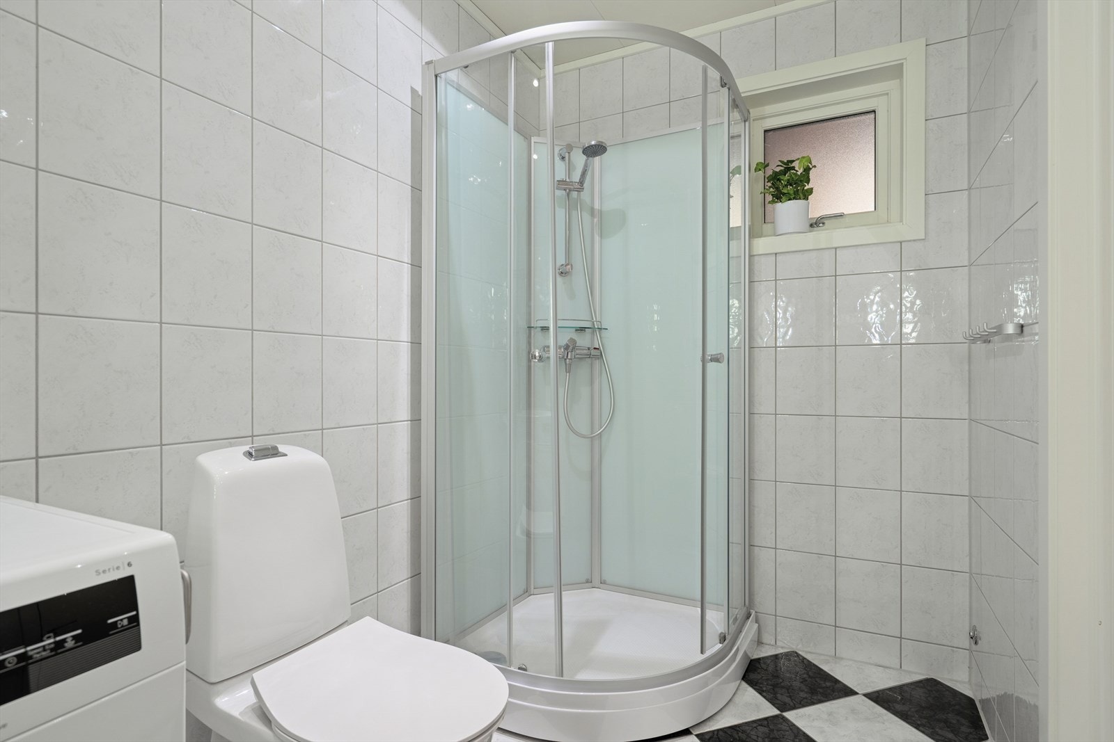 Dusjkabinett, gulvstående toalett og opplegg for vaskemaskin. Galleribilde