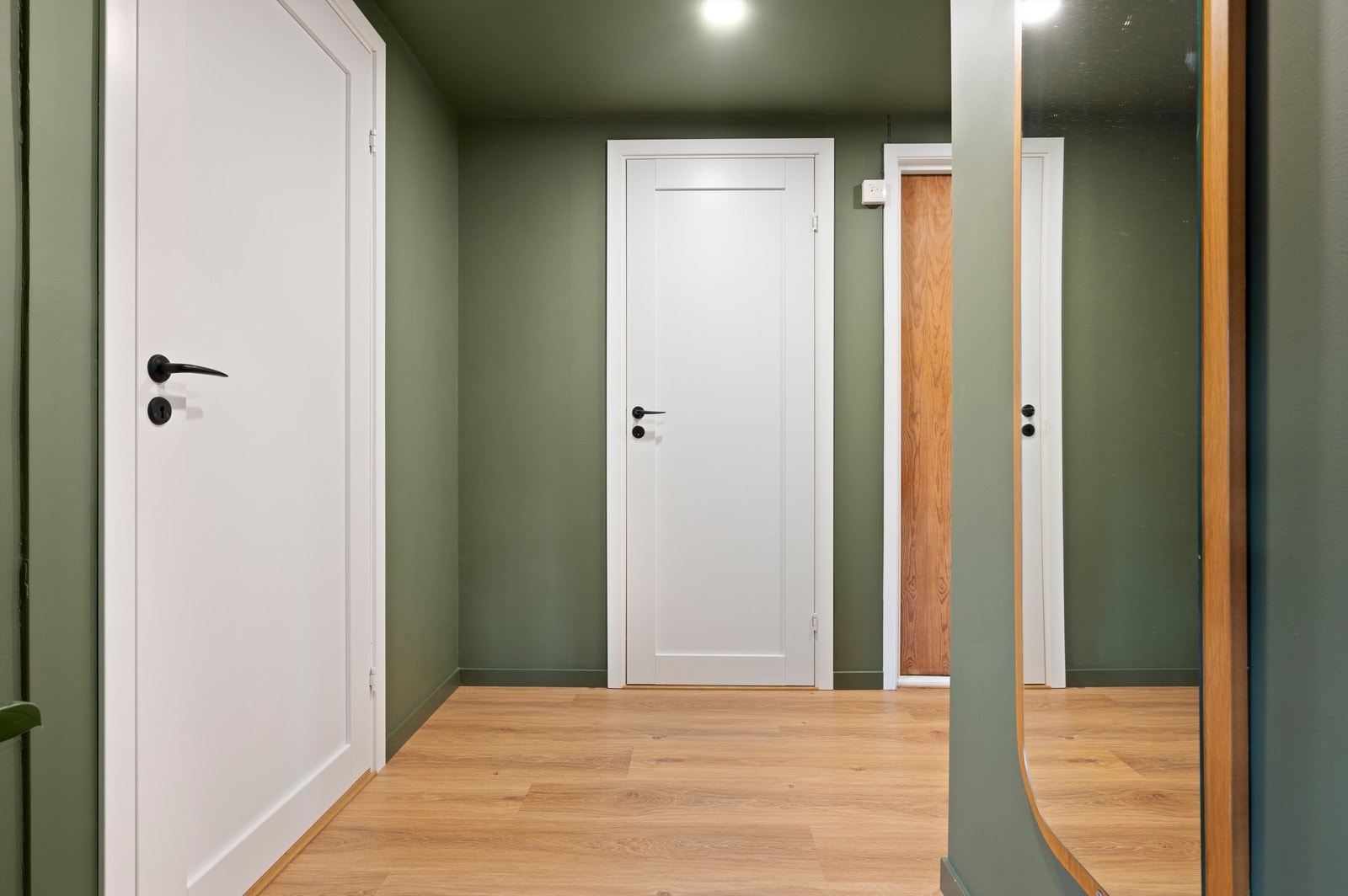 Leiligheten disponerer videre boder på til sammen 25 kvm i felles kjeller og loft med gode lagringsmuligheter. Gangen er malt i fargen Organic Green fra Jotun. Dørene er byttet til heltredører fra Swedoor. Galleribilde