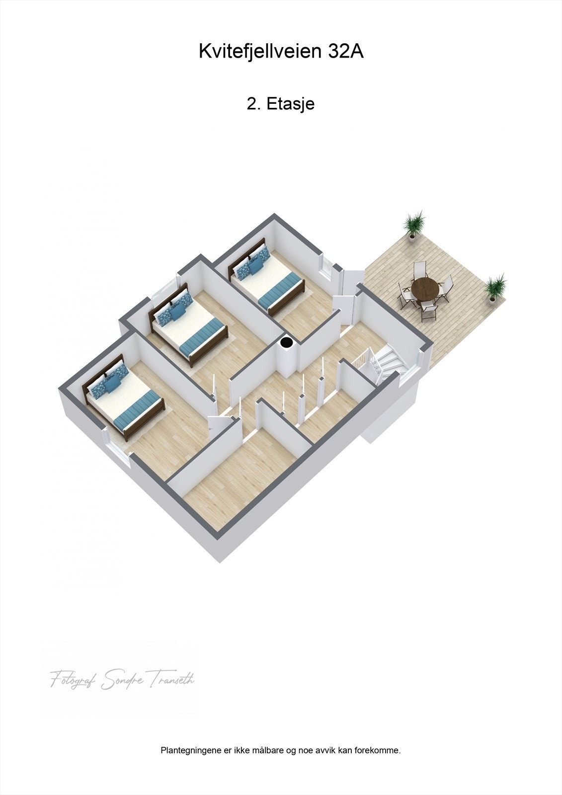 Planløsning 2.etg.: mellomgang, 3 soverom, innvendig bod, samt tilkomst til takterrasse. Galleribilde