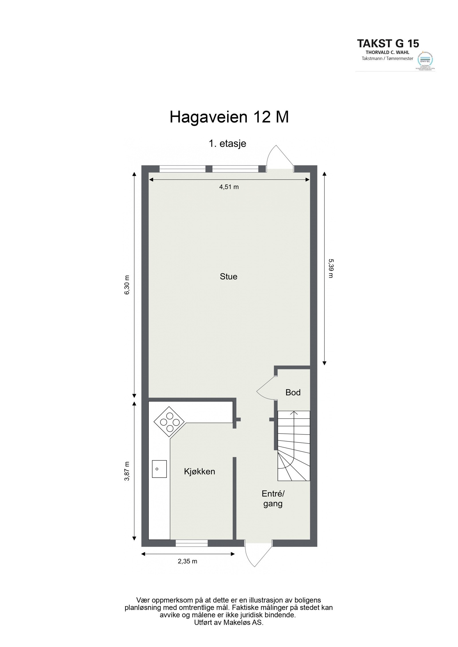 Hovedetasjen med vindfang, trapperom, bod, kjøkken og stue. Galleribilde